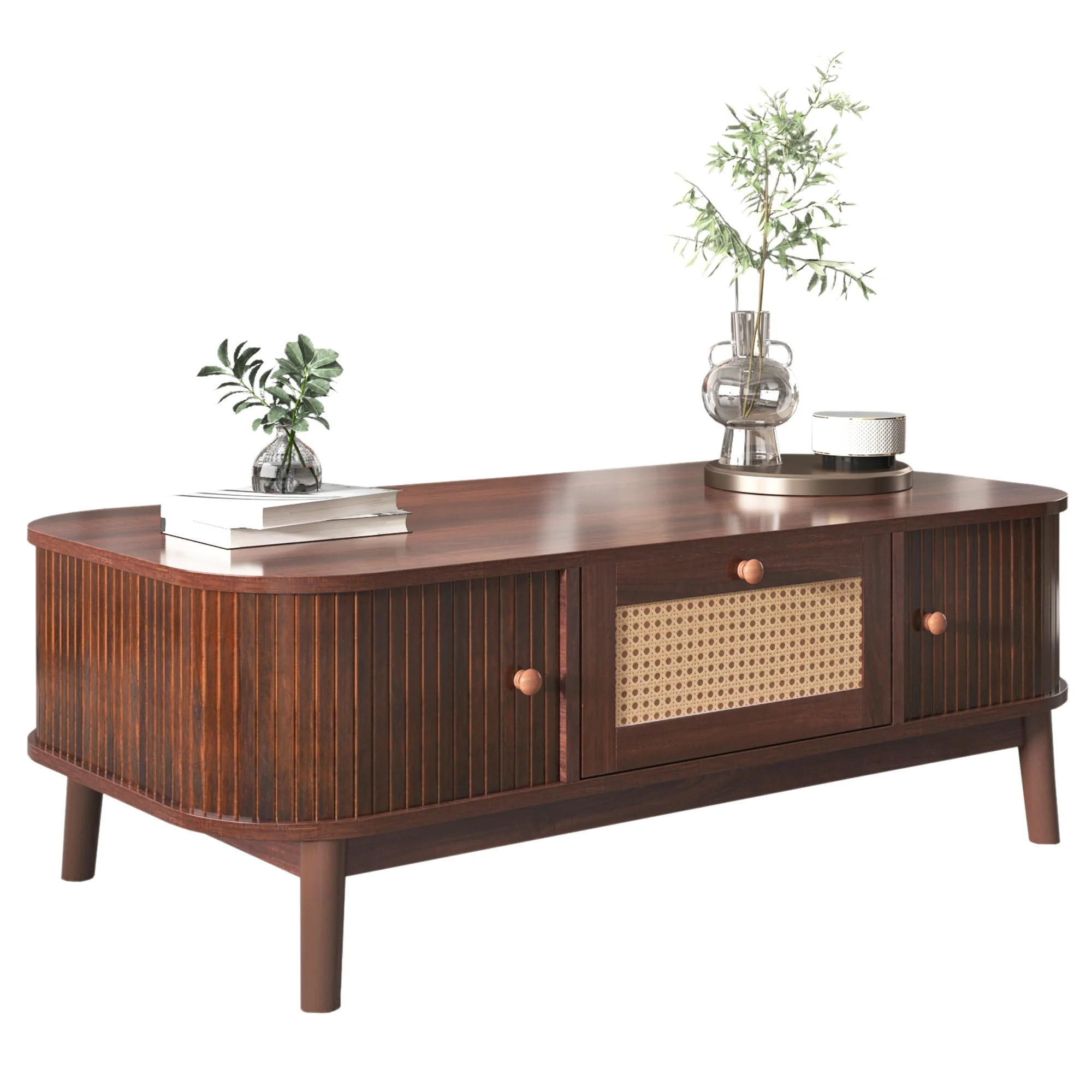 Coffee Table - Rattan, Drawers, Sliding Doors, Solid Wood, Natural Style - Image 11