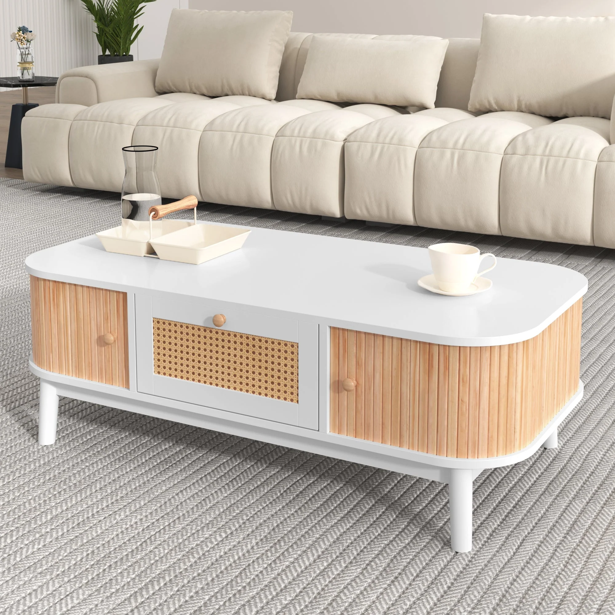 Coffee table rattan, drawers with rattan and solid wood slats, solid wood legs, natural country style. - Image 2