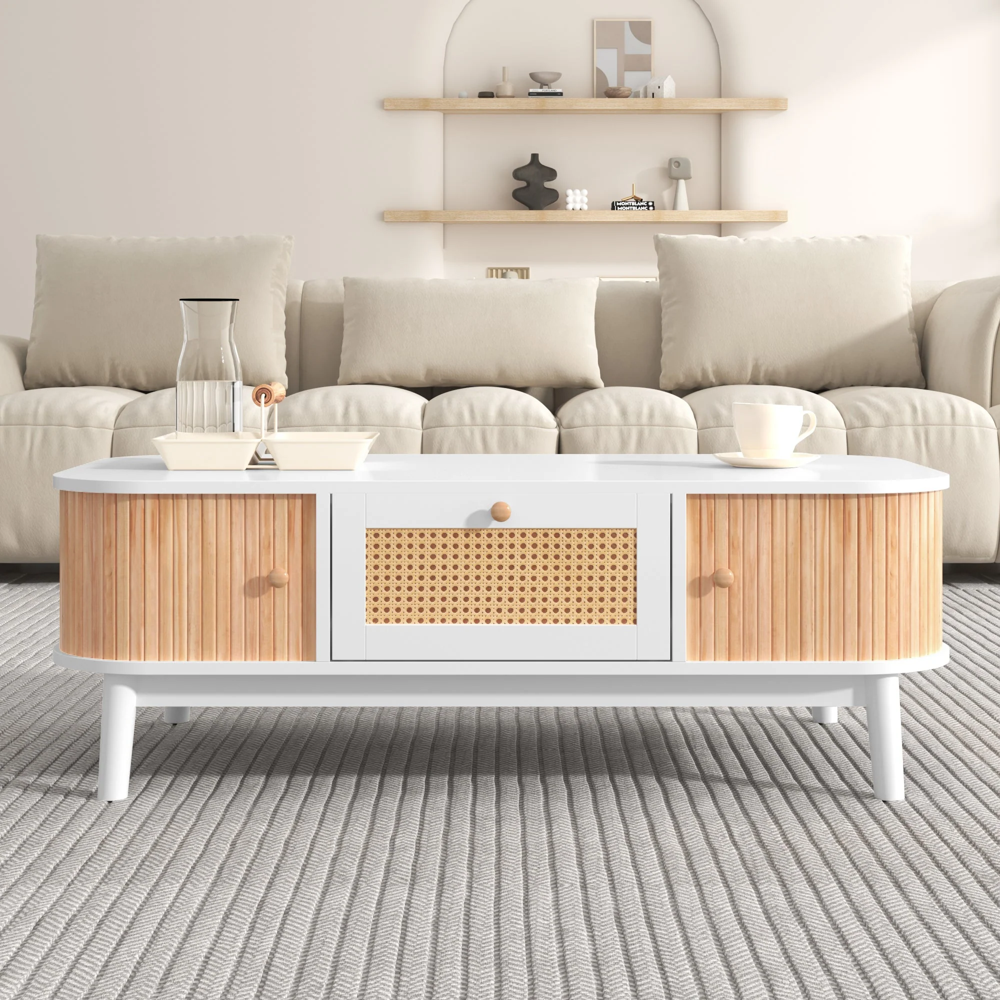 Coffee table rattan, drawers with rattan and solid wood slats, solid wood legs, natural country style. - Image 3