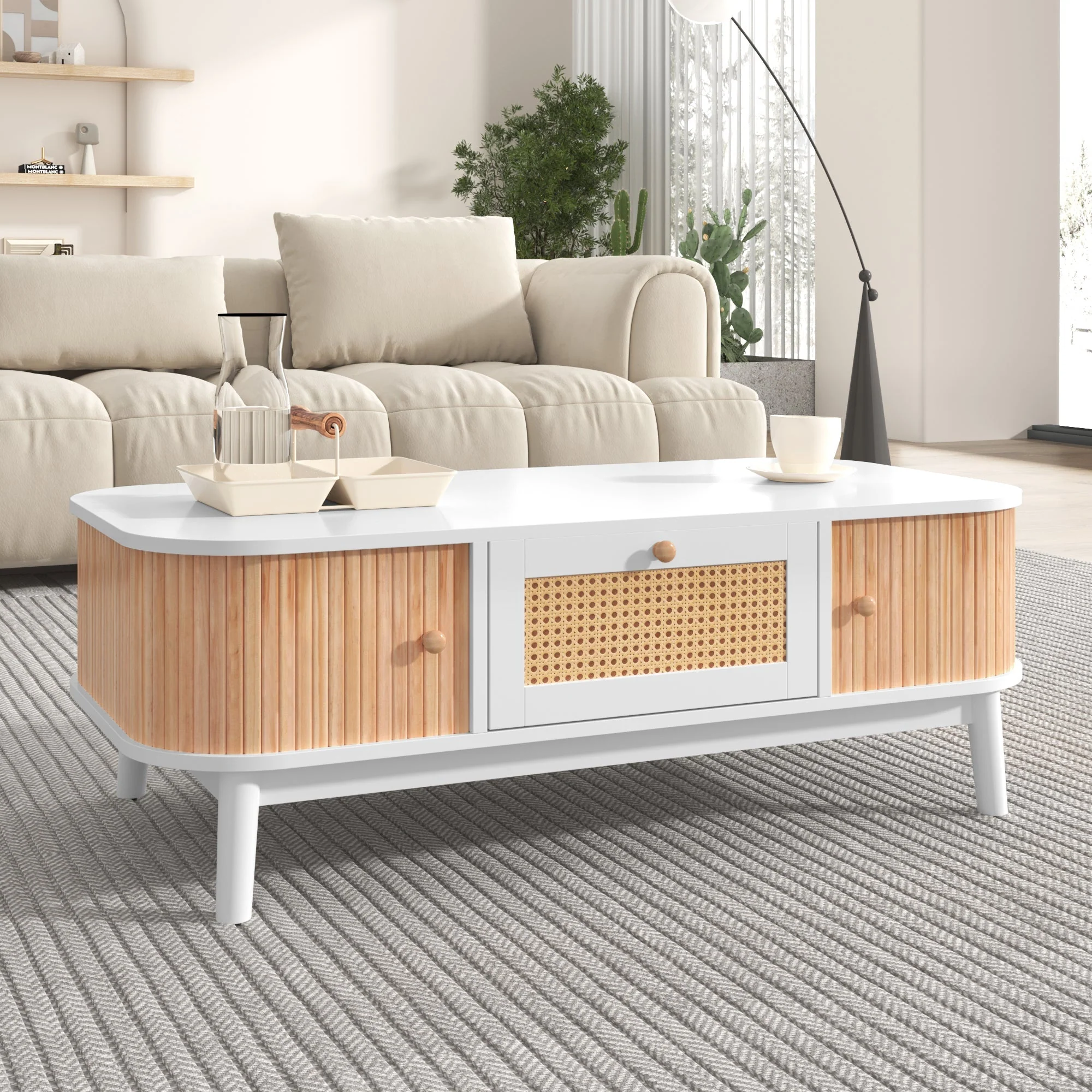 Coffee table rattan, drawers with rattan and solid wood slats, solid wood legs, natural country style. - Image 4