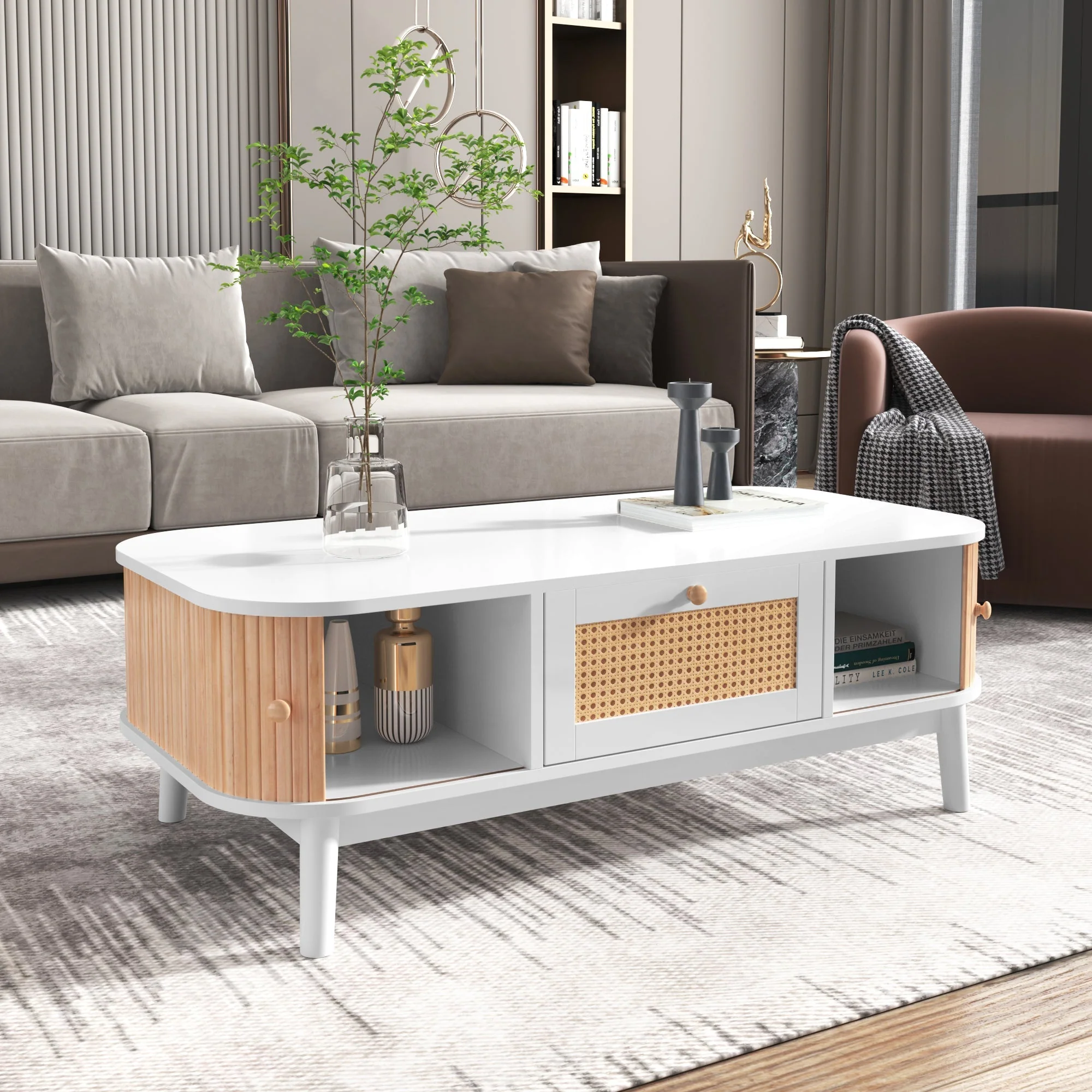 Coffee table rattan, drawers with rattan and solid wood slats, solid wood legs, natural country style. - Image 6