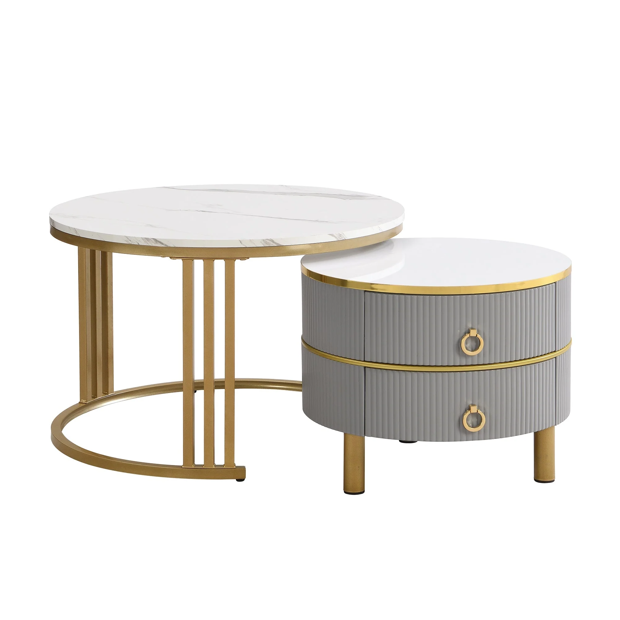 Coffee Table Set, 2-in-1 MDF Round Coffee Table with 2 Drawers & Side Table, White and Grey - Image 3