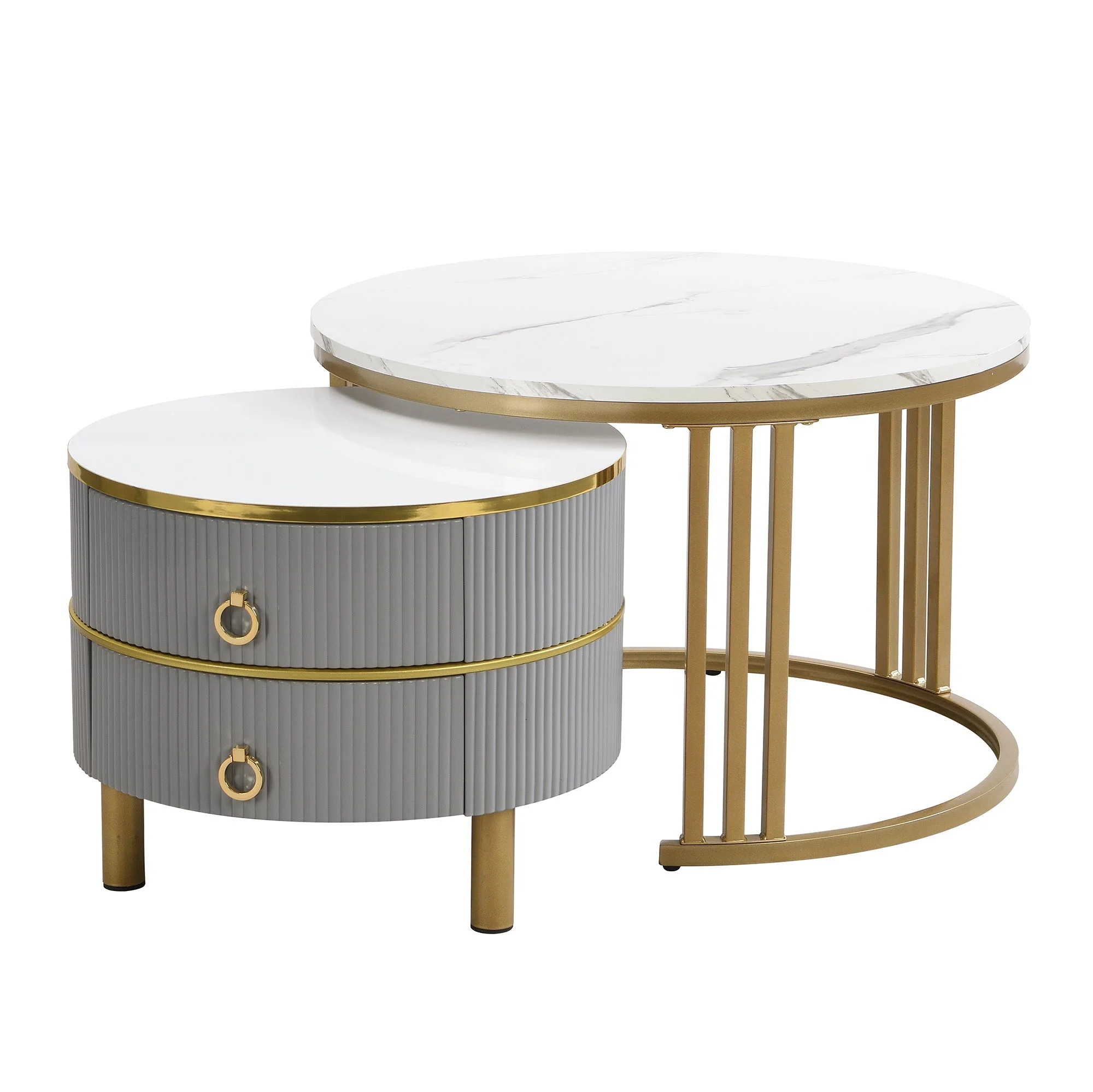 Coffee Table Set, 2-in-1 MDF Round Coffee Table with 2 Drawers & Side Table, White and Grey - Image 6
