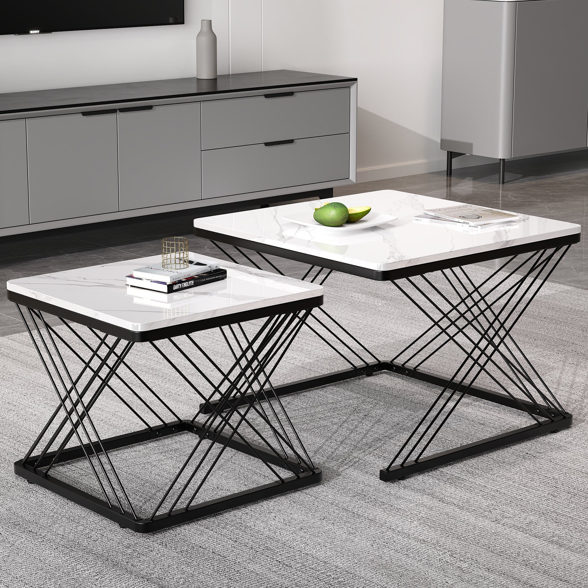 Coffee Table Set 2-Piece Square High-Gloss Marble Look - Image 2