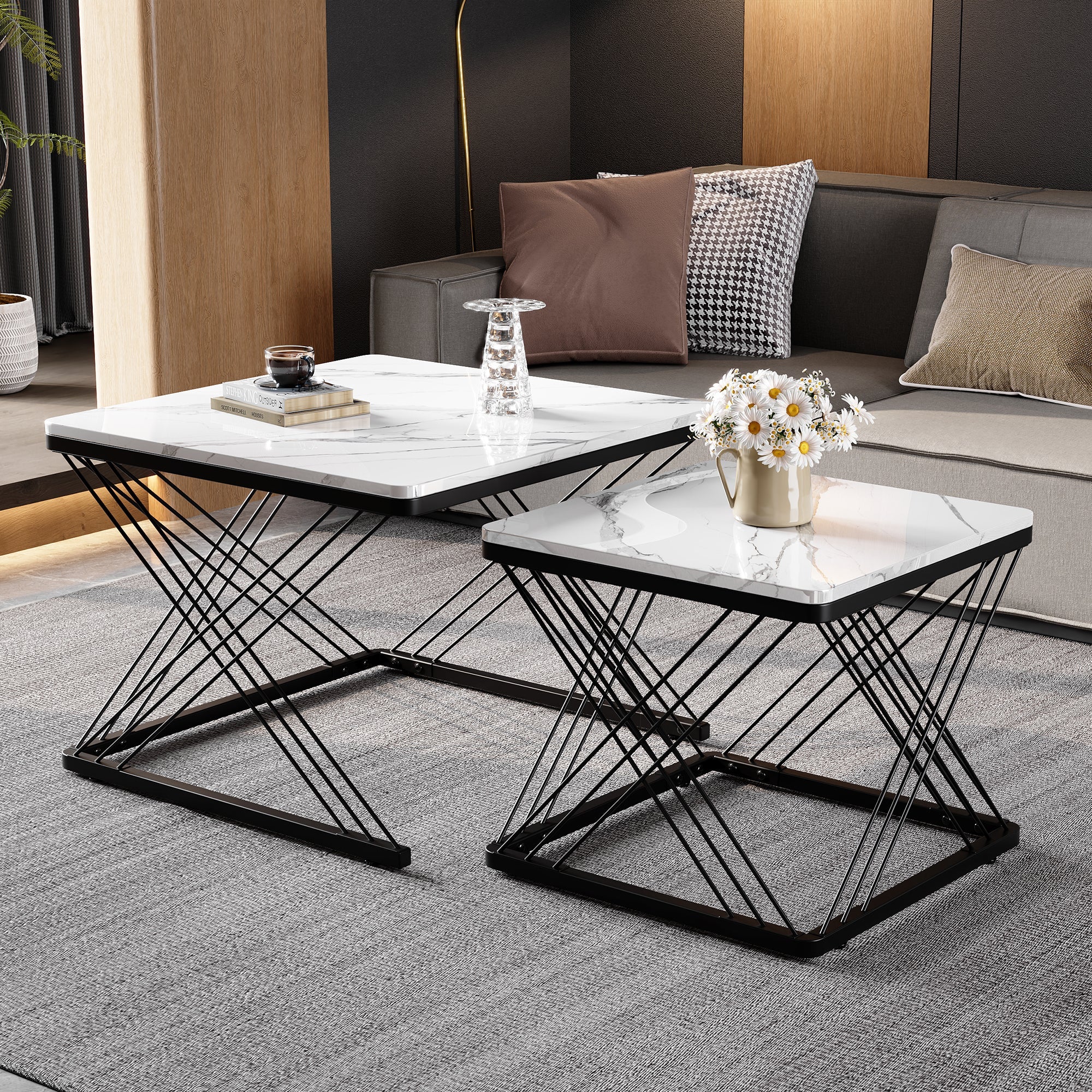 Coffee Table Set 2-Piece Square High-Gloss Marble Look - Image 4