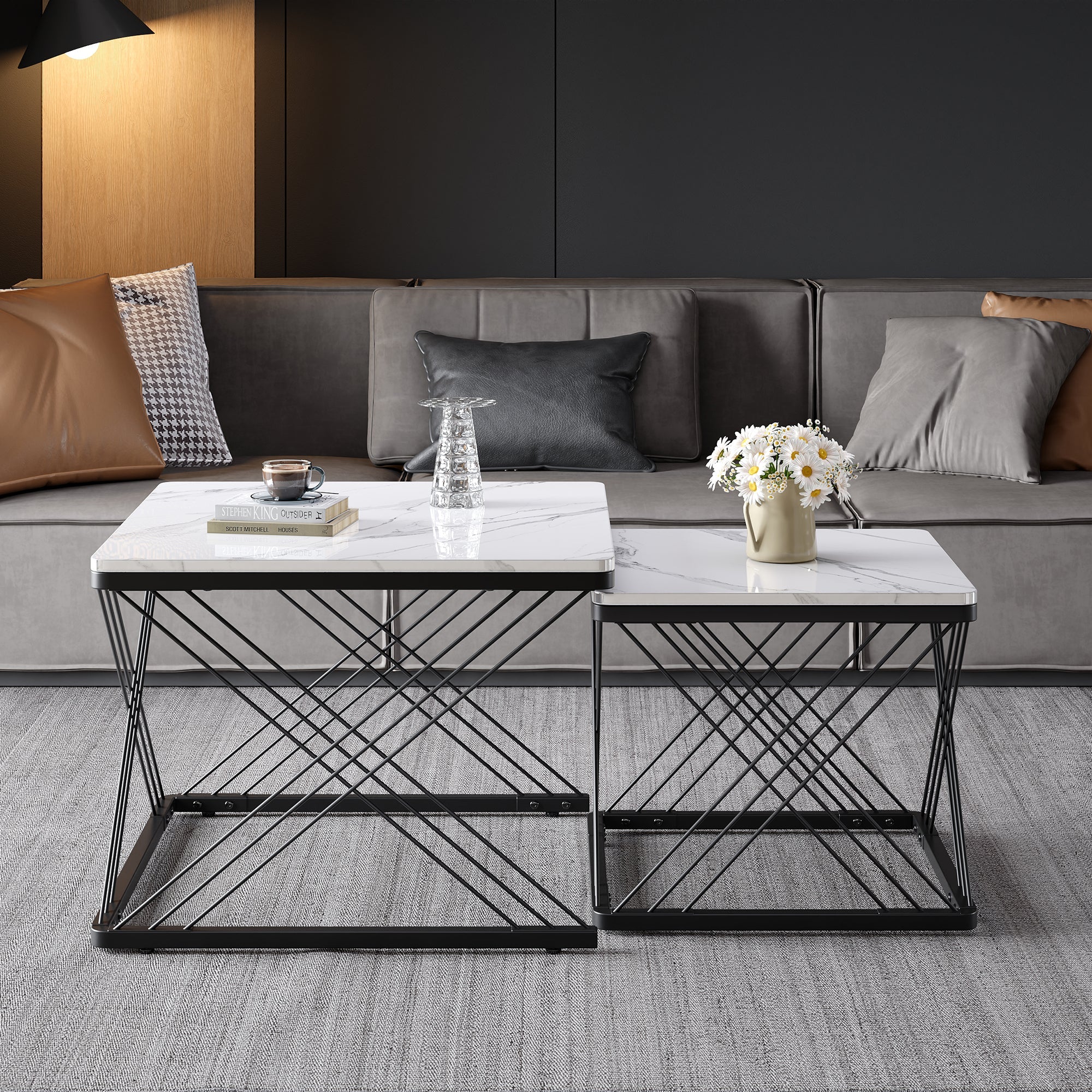 Coffee Table Set 2-Piece Square High-Gloss Marble Look - Image 5
