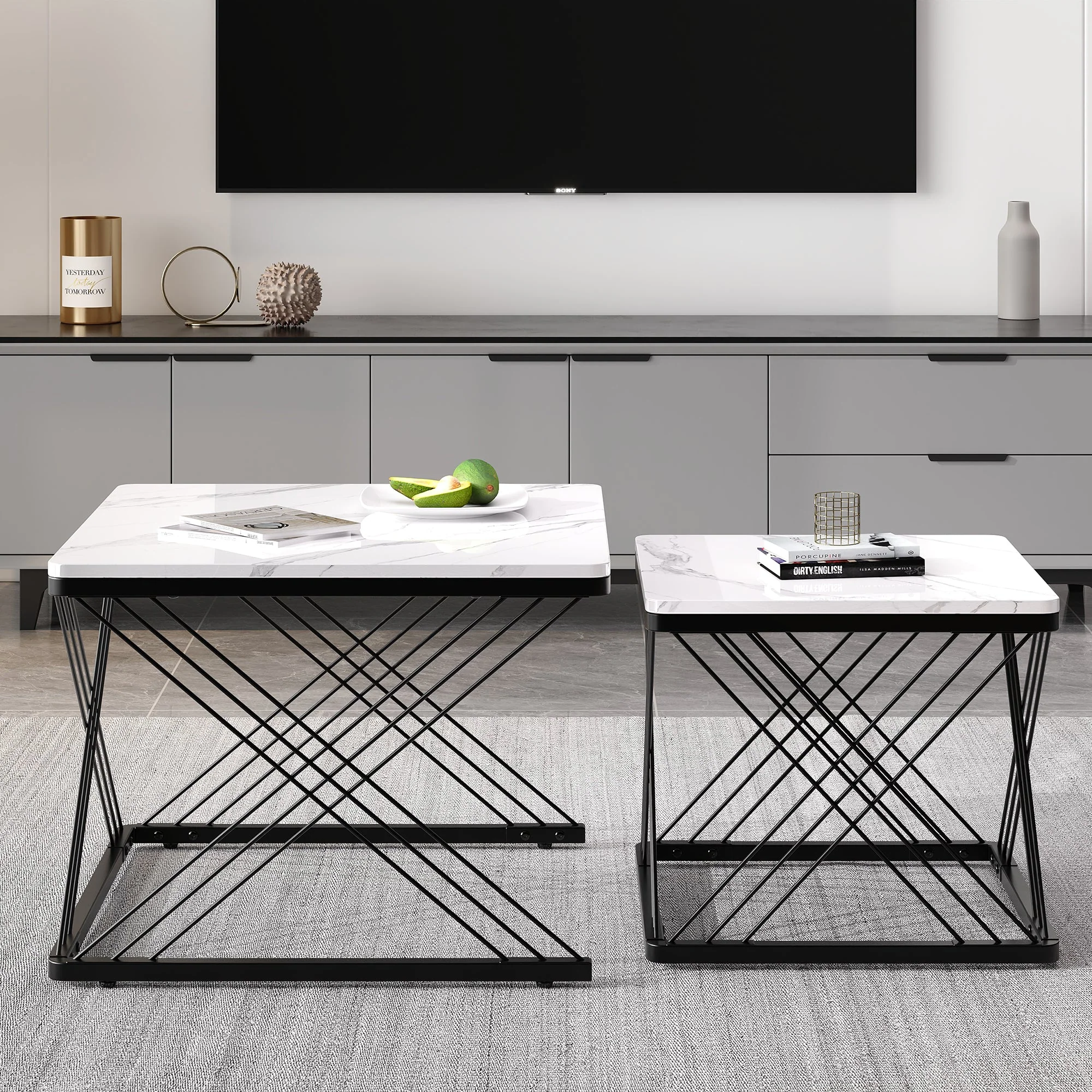Coffee Table Set 2-Piece Square High-Gloss Marble Look - Image 6