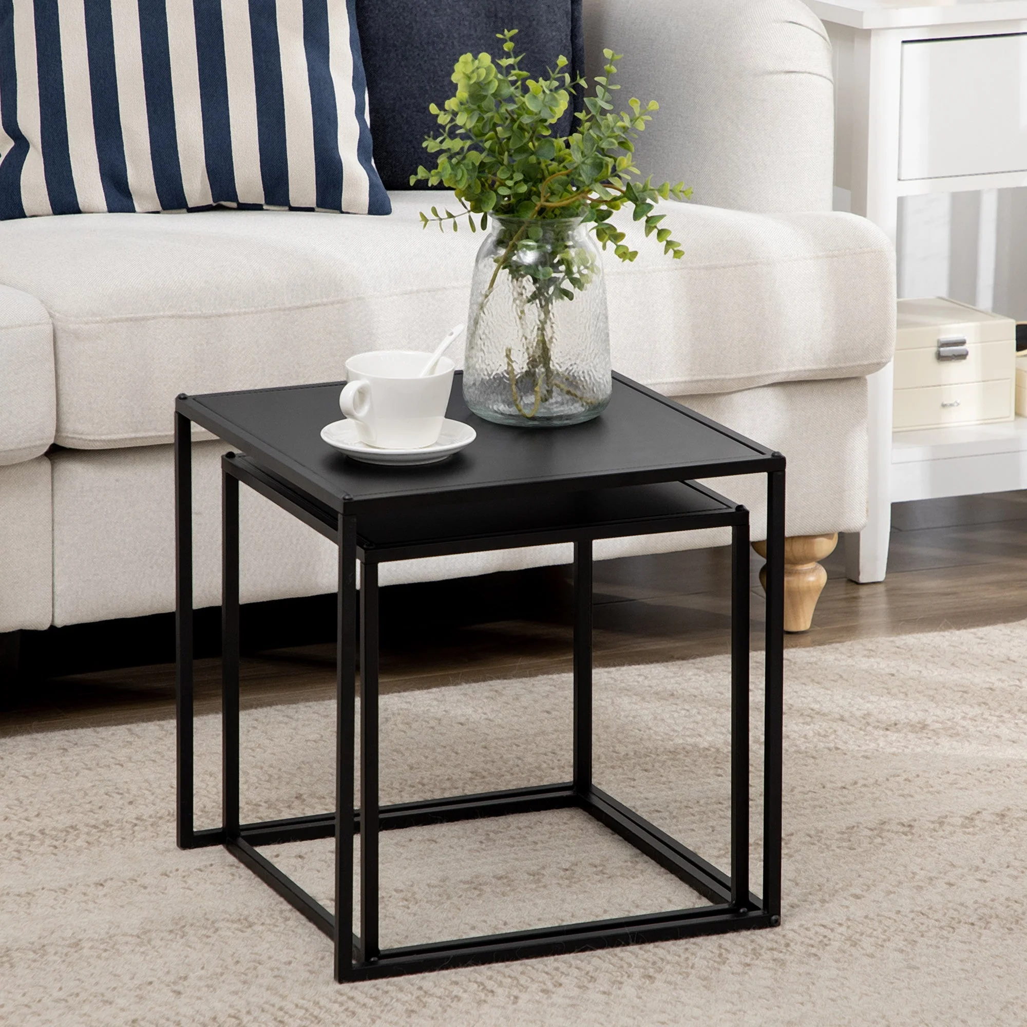 Coffee Table Set, 2 Side Tables, Modern Steel, Black - Image 8