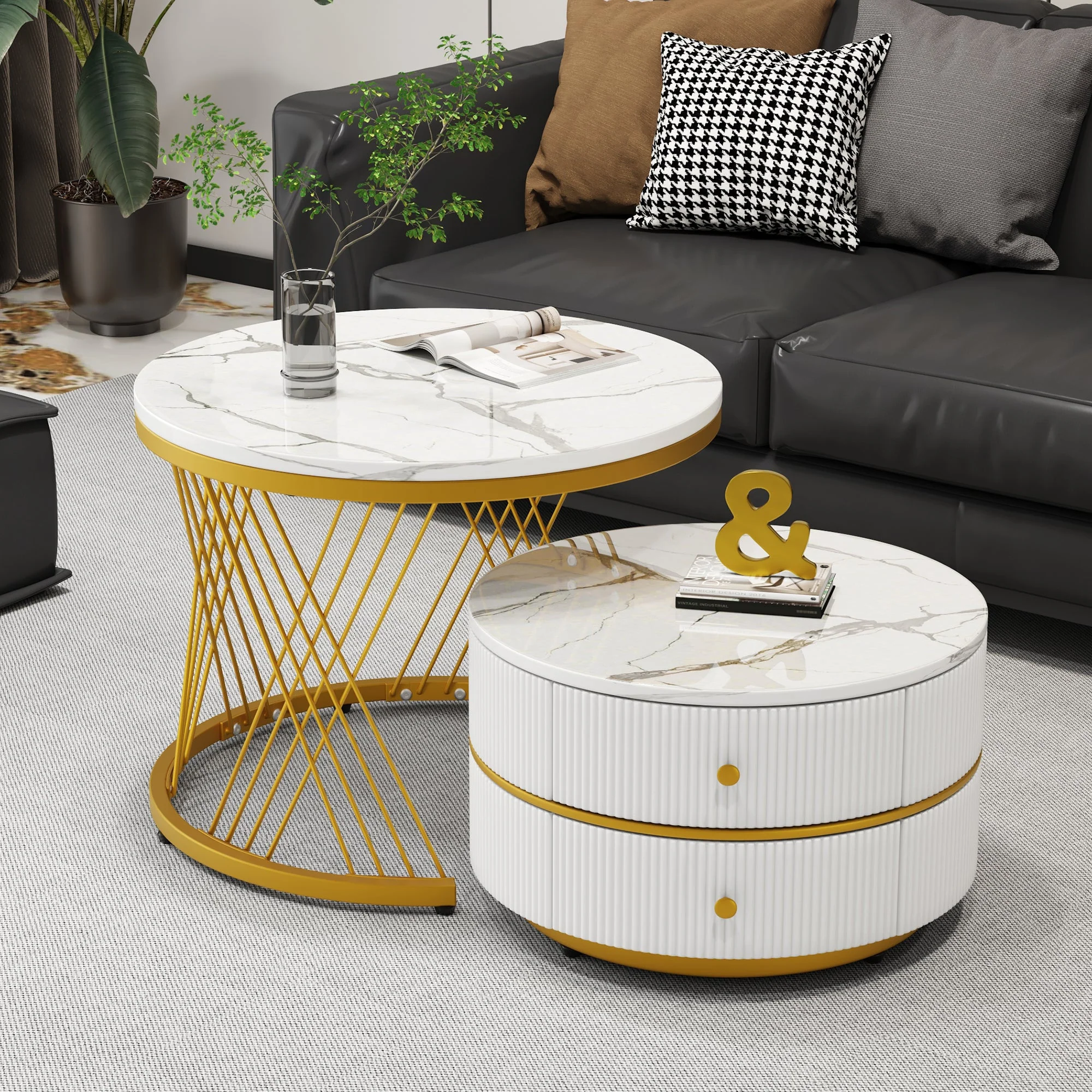Coffee Table Set Nesting 2-Piece Round Marble Look, 2 Drawers, White - Image 2
