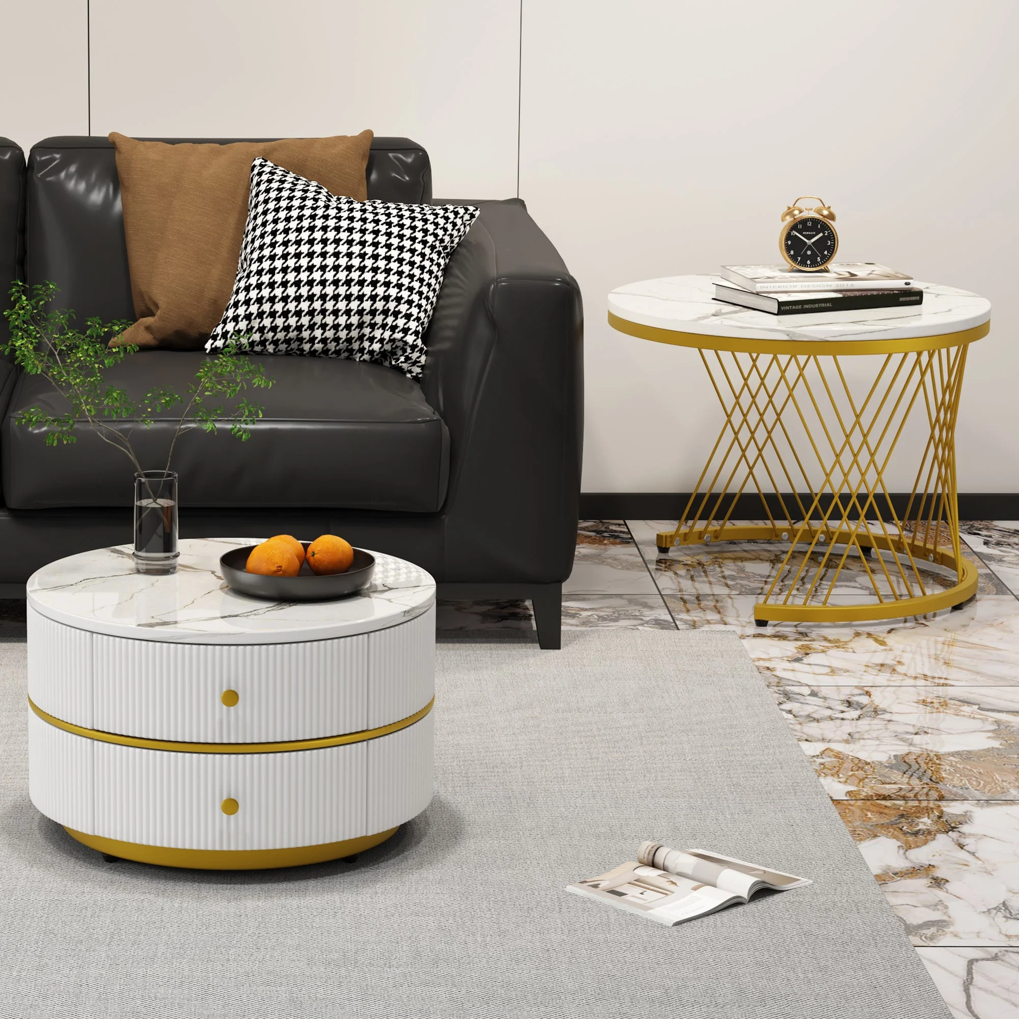 Coffee Table Set Nesting 2-Piece Round Marble Look, 2 Drawers, White - Image 5