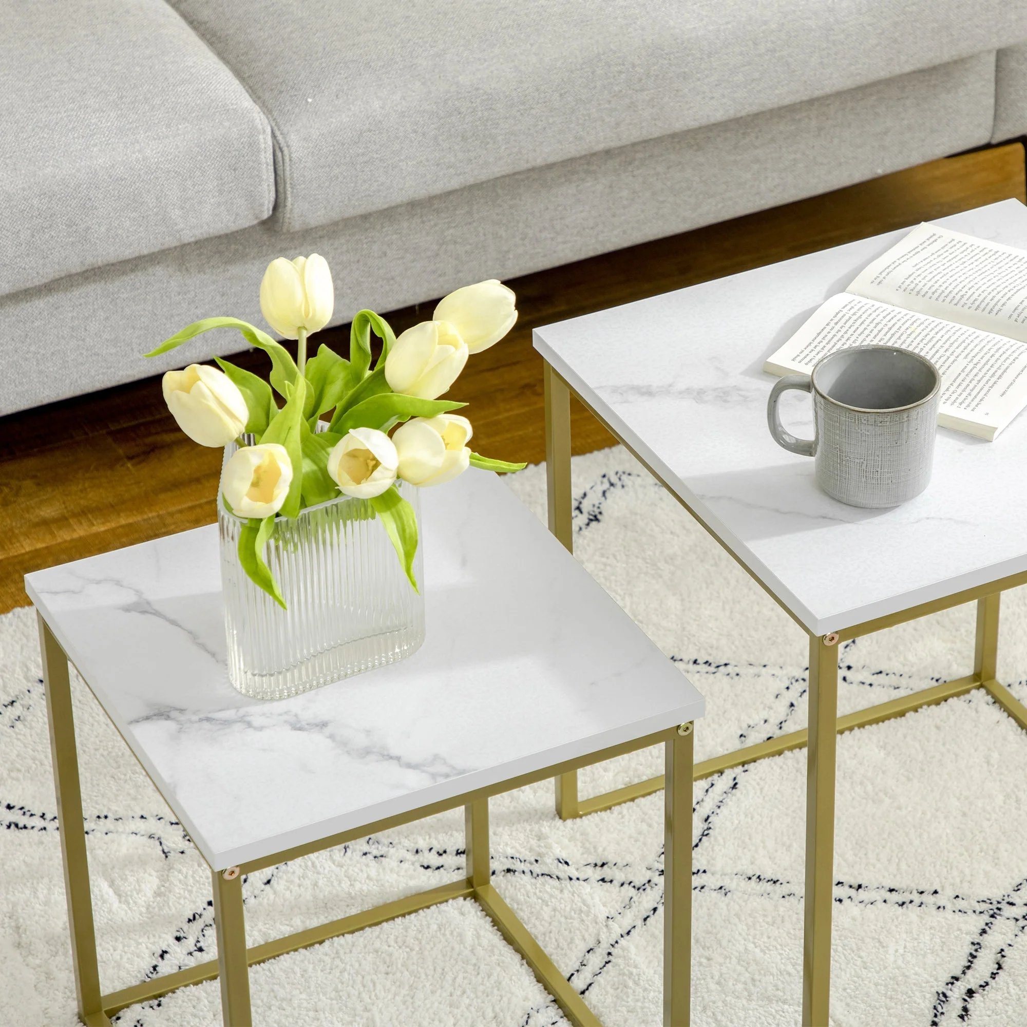 Coffee Table Set, Nesting Side Sofa Tables, Steel Frame, White - Image 8
