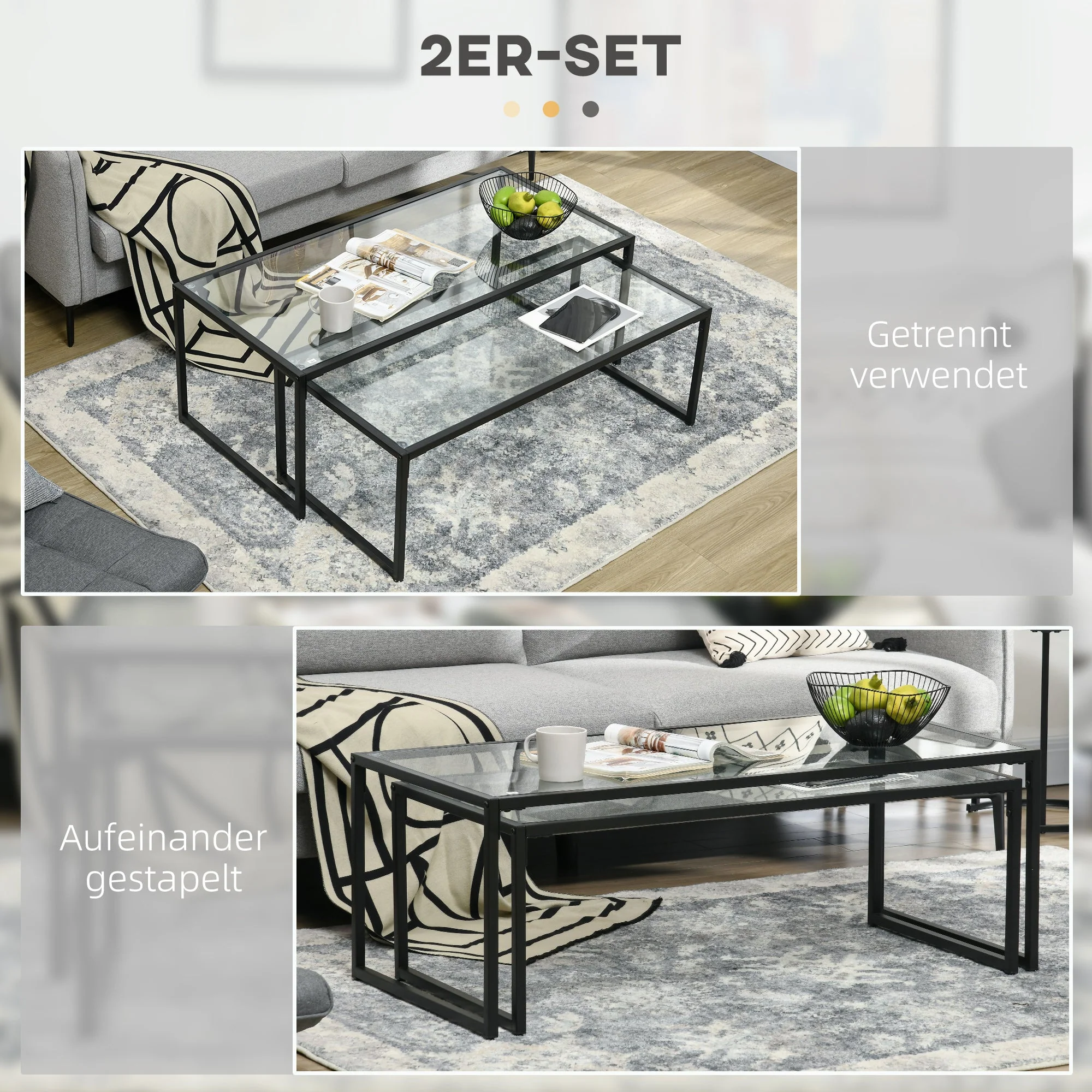 Coffee Table Set of 2 Nesting Side Table Glass Black Steel - Image 4