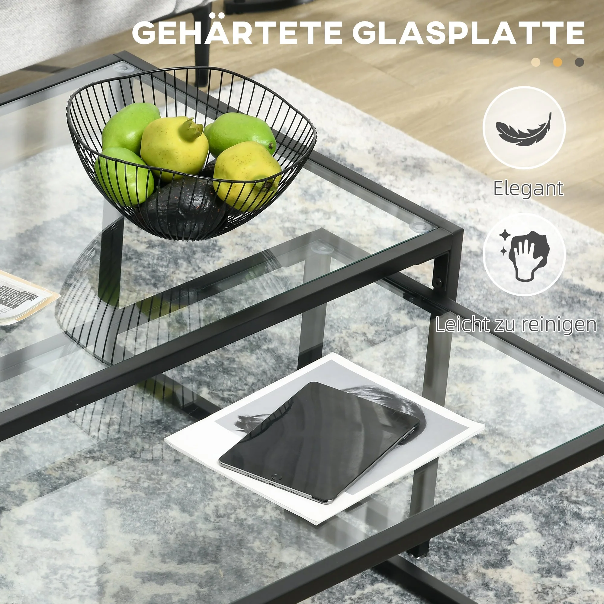 Coffee Table Set of 2 Nesting Side Table Glass Black Steel - Image 5