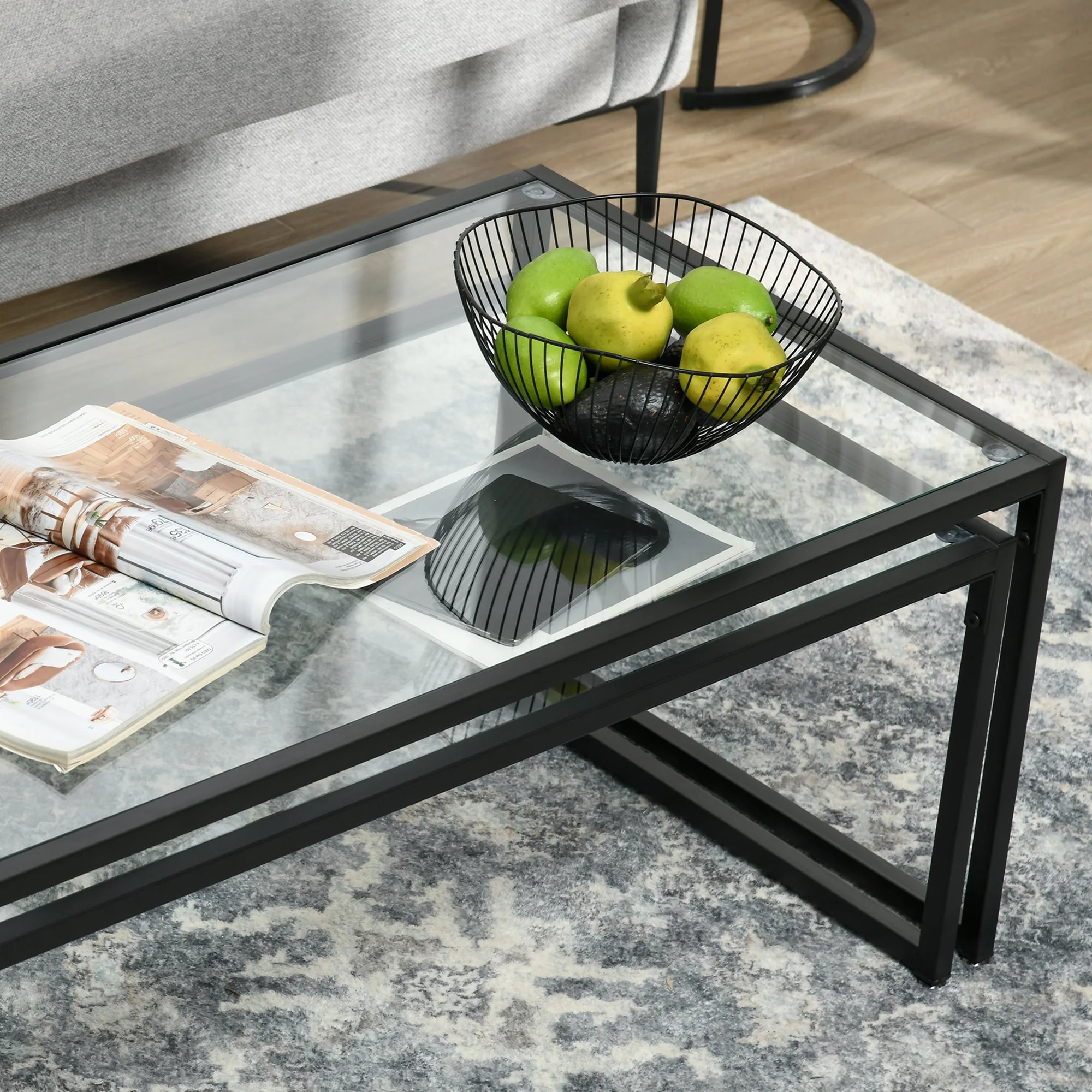 Coffee Table Set of 2 Nesting Side Table Glass Black Steel - Image 7
