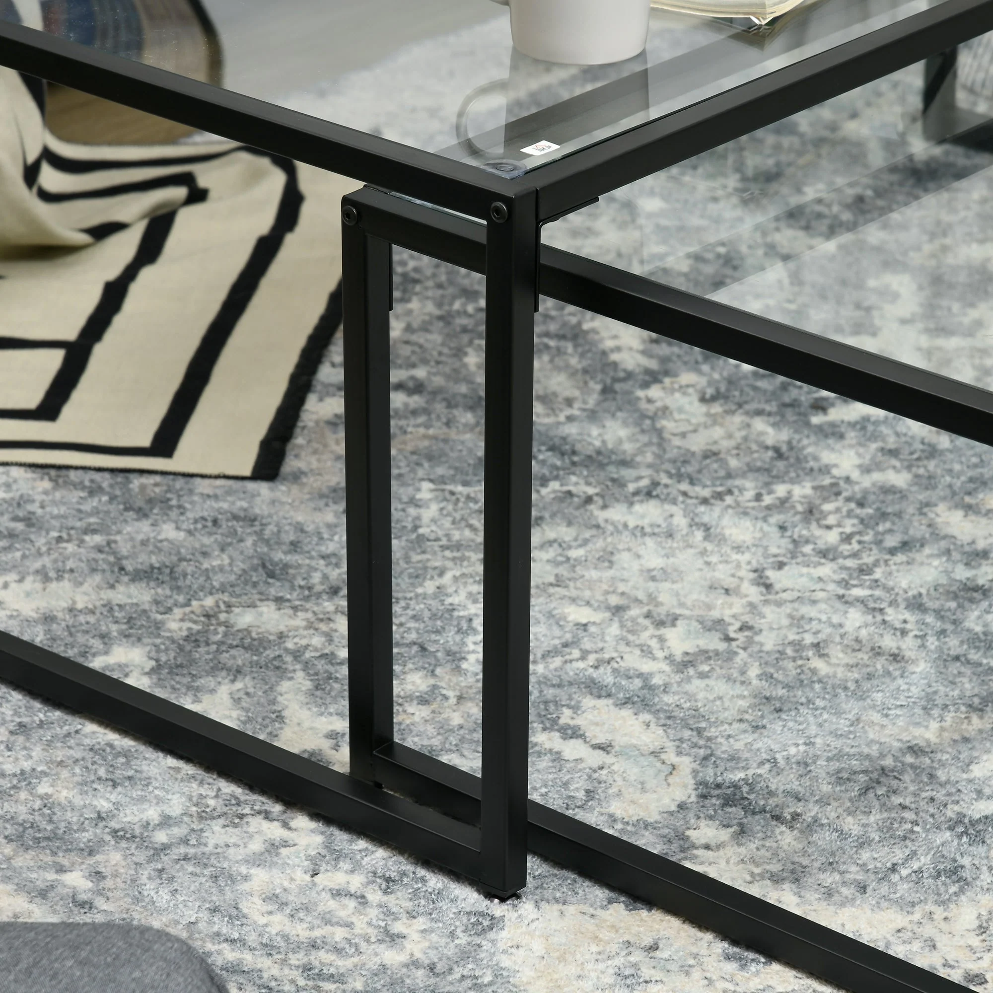 Coffee Table Set of 2 Nesting Side Table Glass Black Steel - Image 8