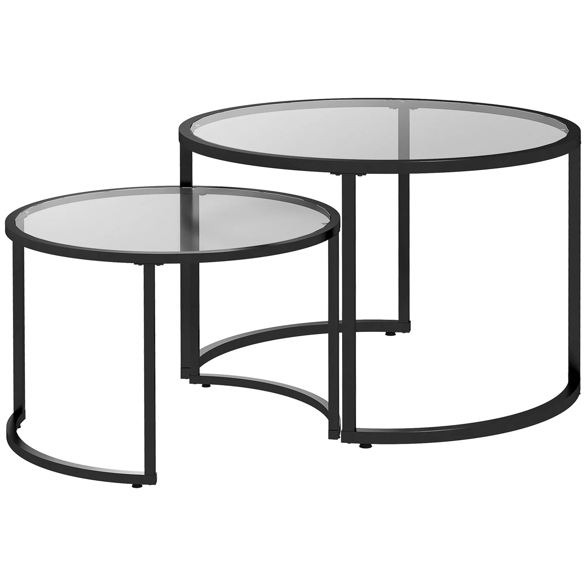 Coffee Table Set of 2, Stackable Side Tables, Black Steel & Tempered Glass - Image 2