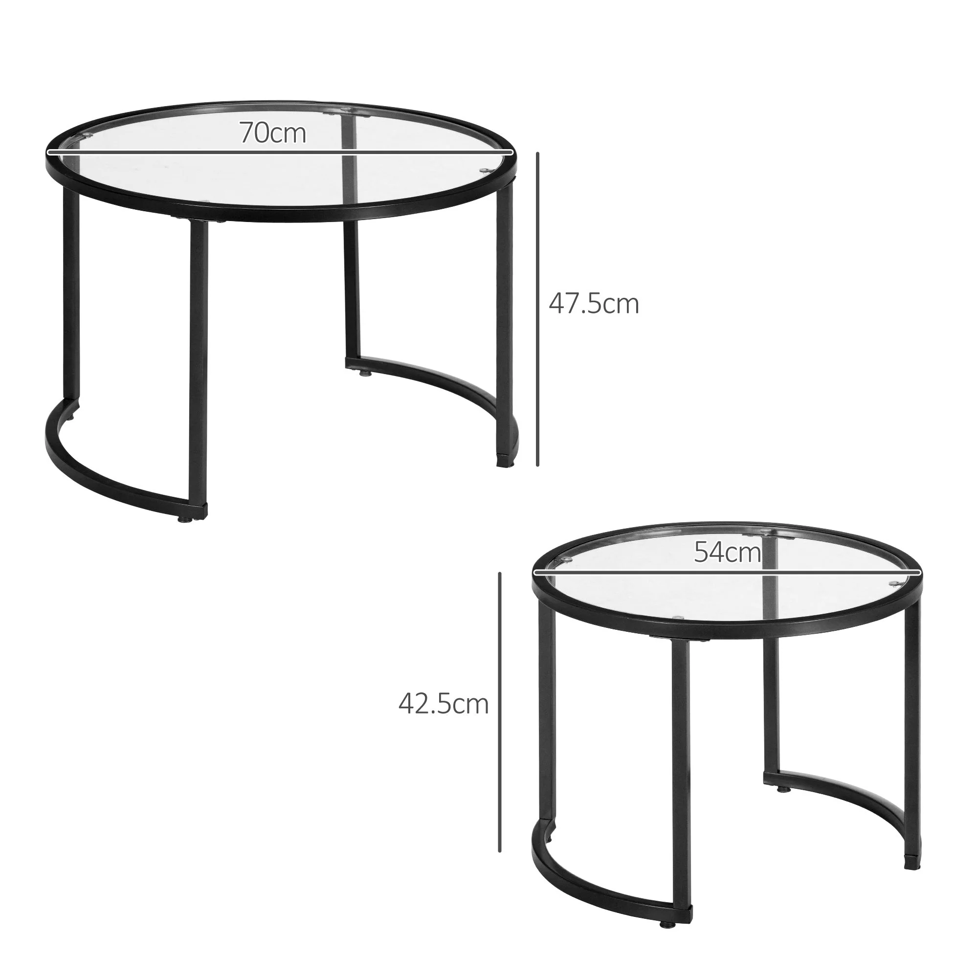 Coffee Table Set of 2, Stackable Side Tables, Black Steel & Tempered Glass - Image 3