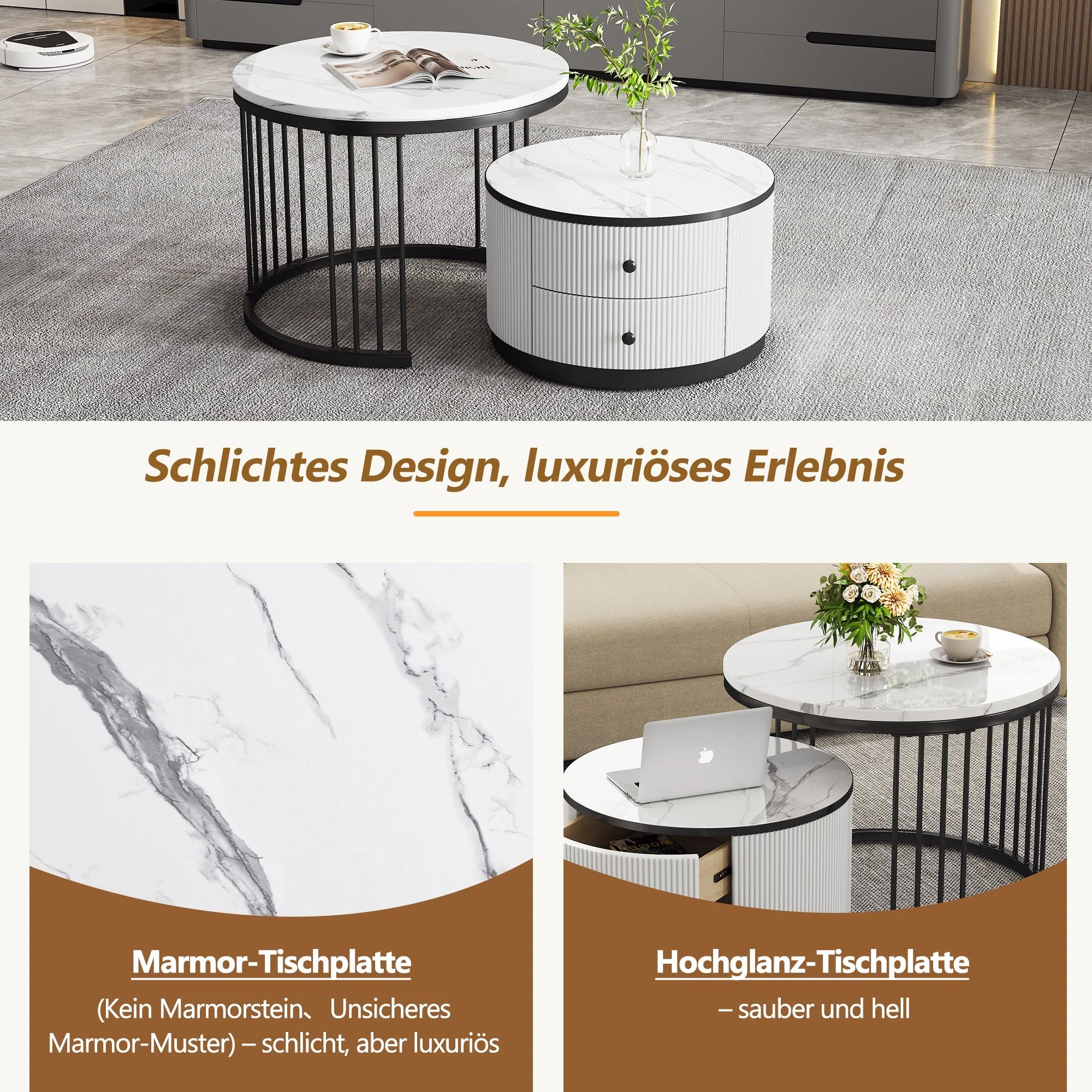 Coffee Table Set, Round Nesting with Drawers, White Marble Look - Image 8