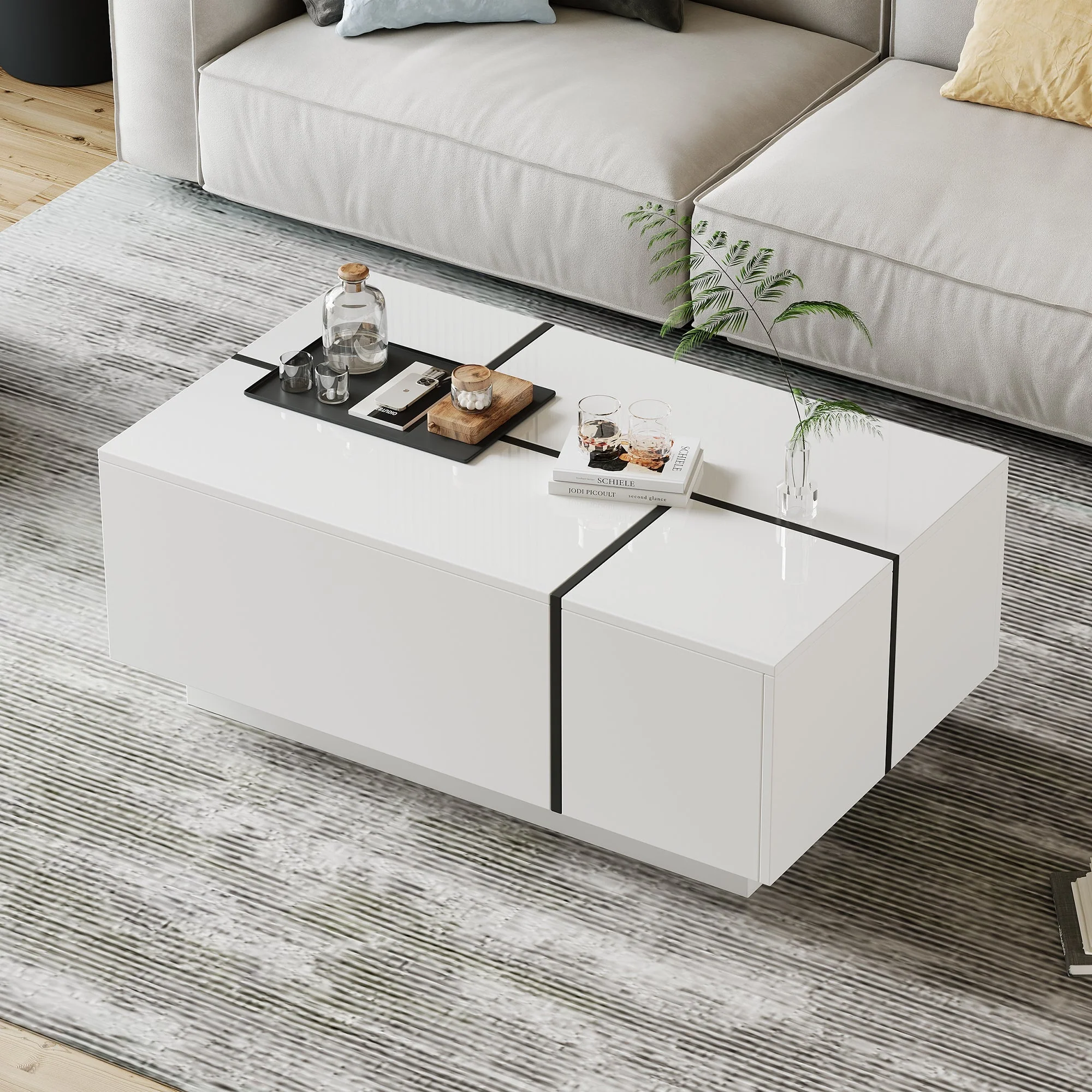 Coffee Table Square, 4 Drawers Sliding Top High-Gloss Finish, White - Image 2