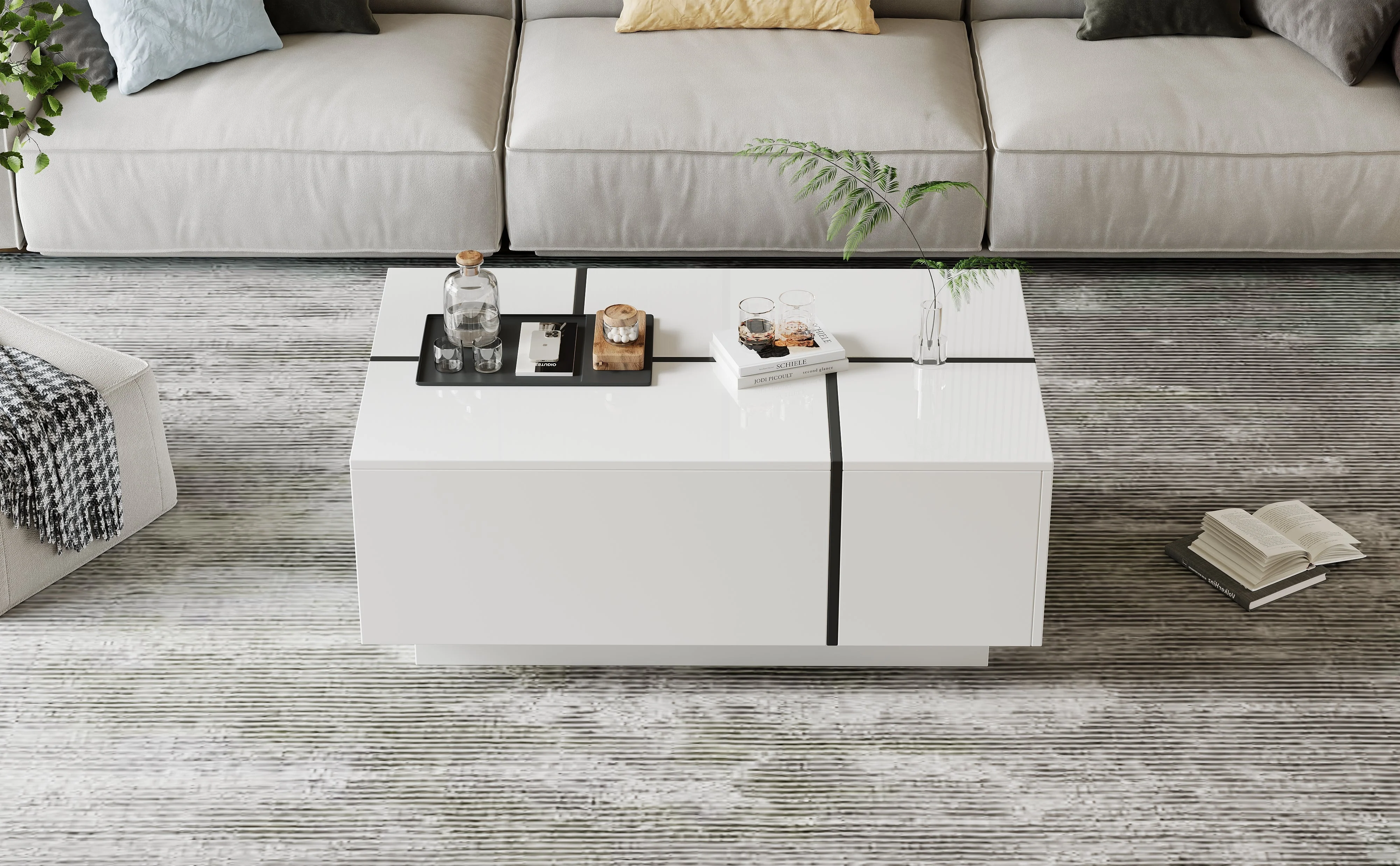 Coffee Table Square, 4 Drawers Sliding Top High-Gloss Finish, White - Image 5