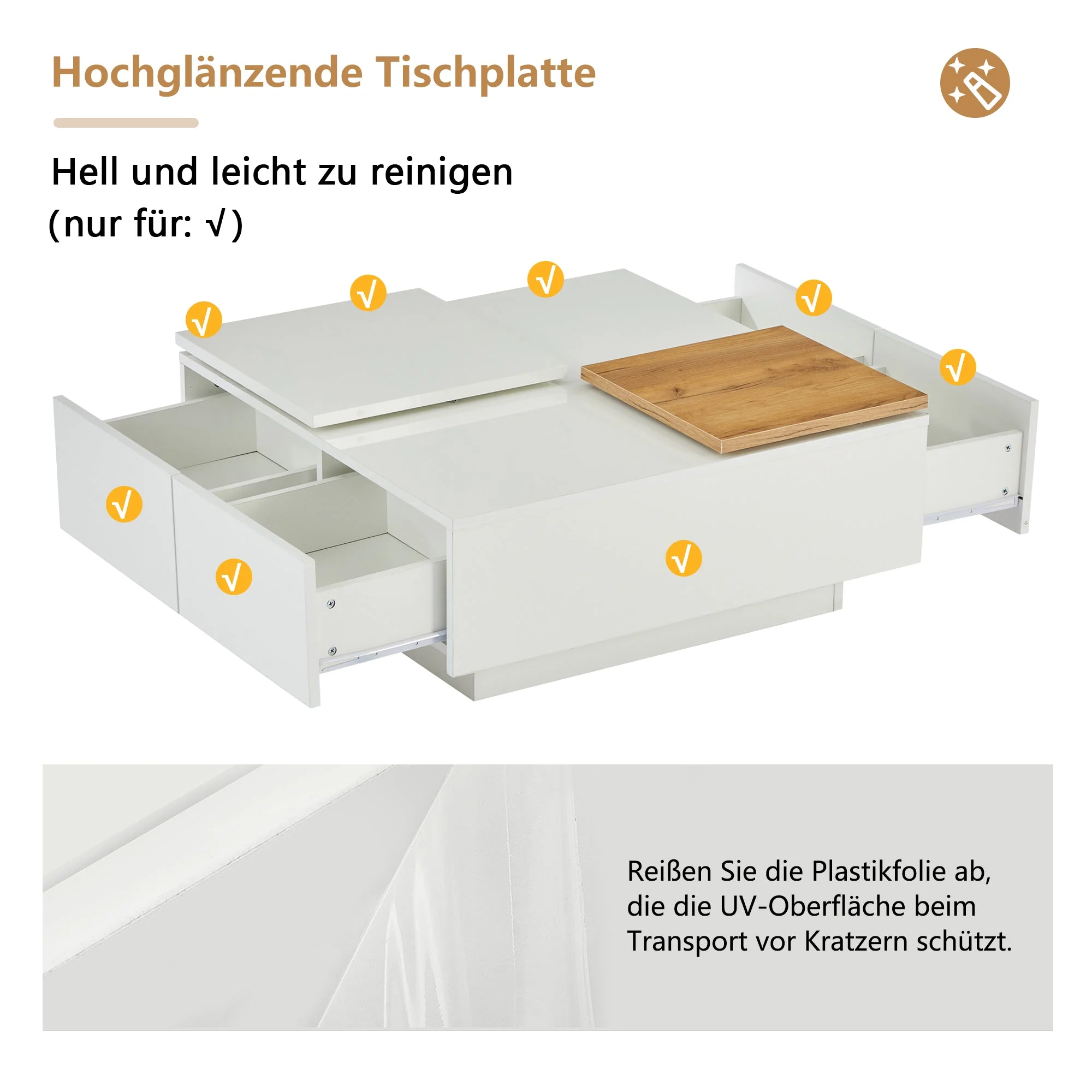 Coffee Table, Square with Storage & Sliding Tabletop, High-Gloss White Wood - Image 9