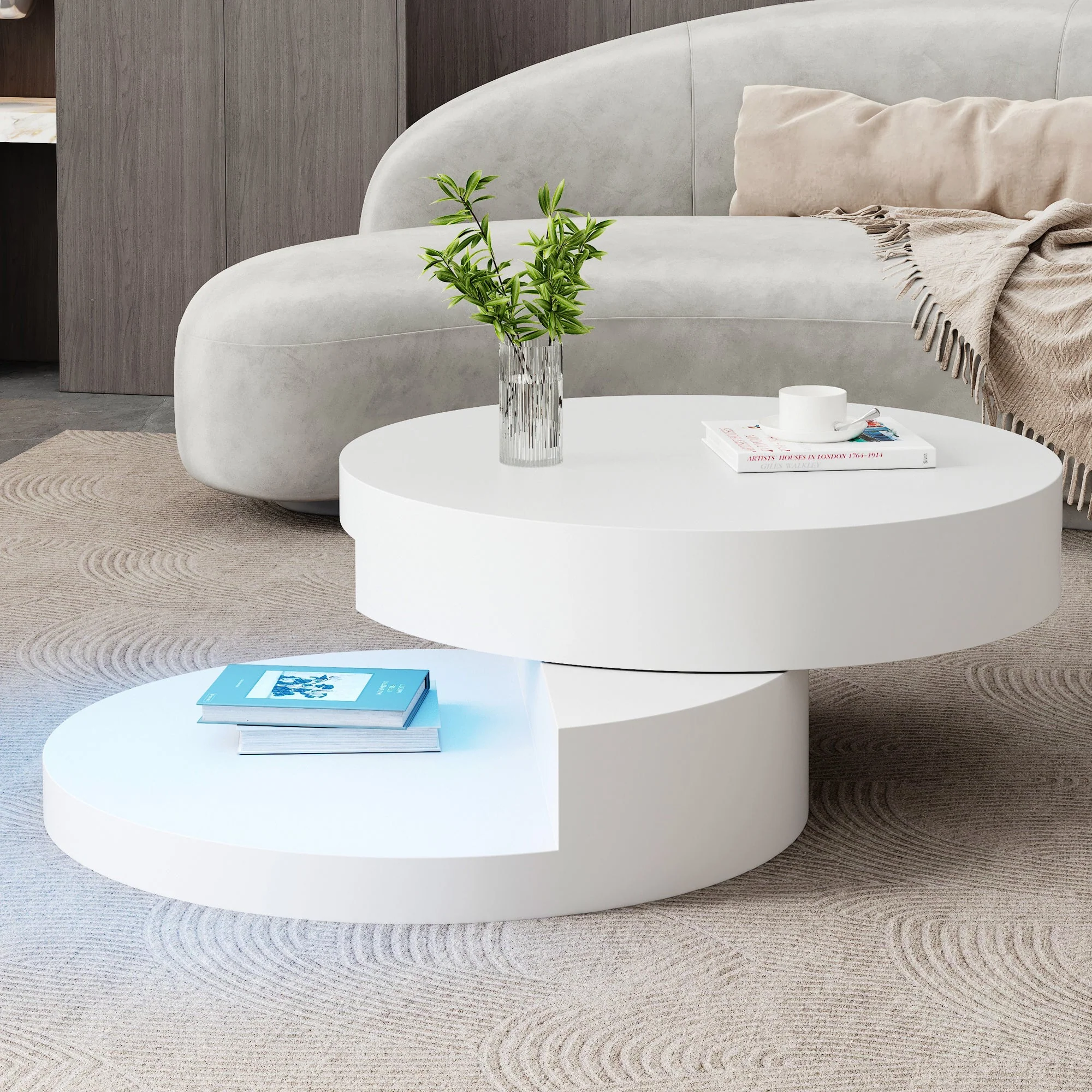 Coffee Table Swivel 360° LED Light Cylindrical MDF White - Image 2