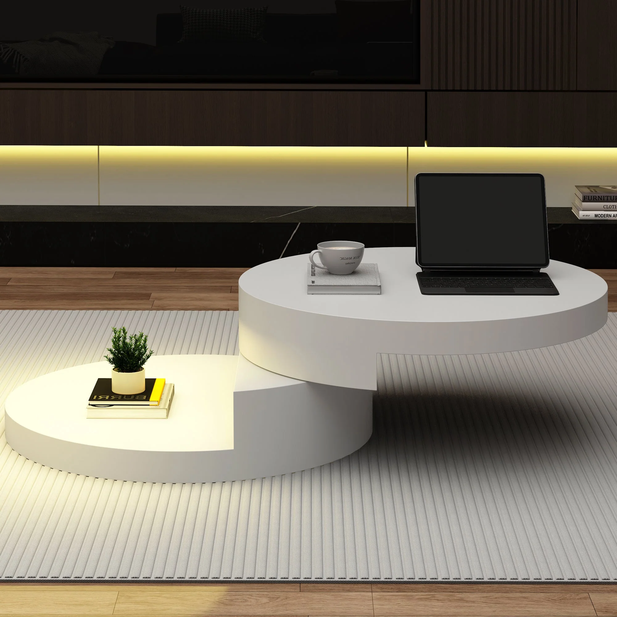 Coffee Table Swivel 360° LED Light Cylindrical MDF White - Image 5