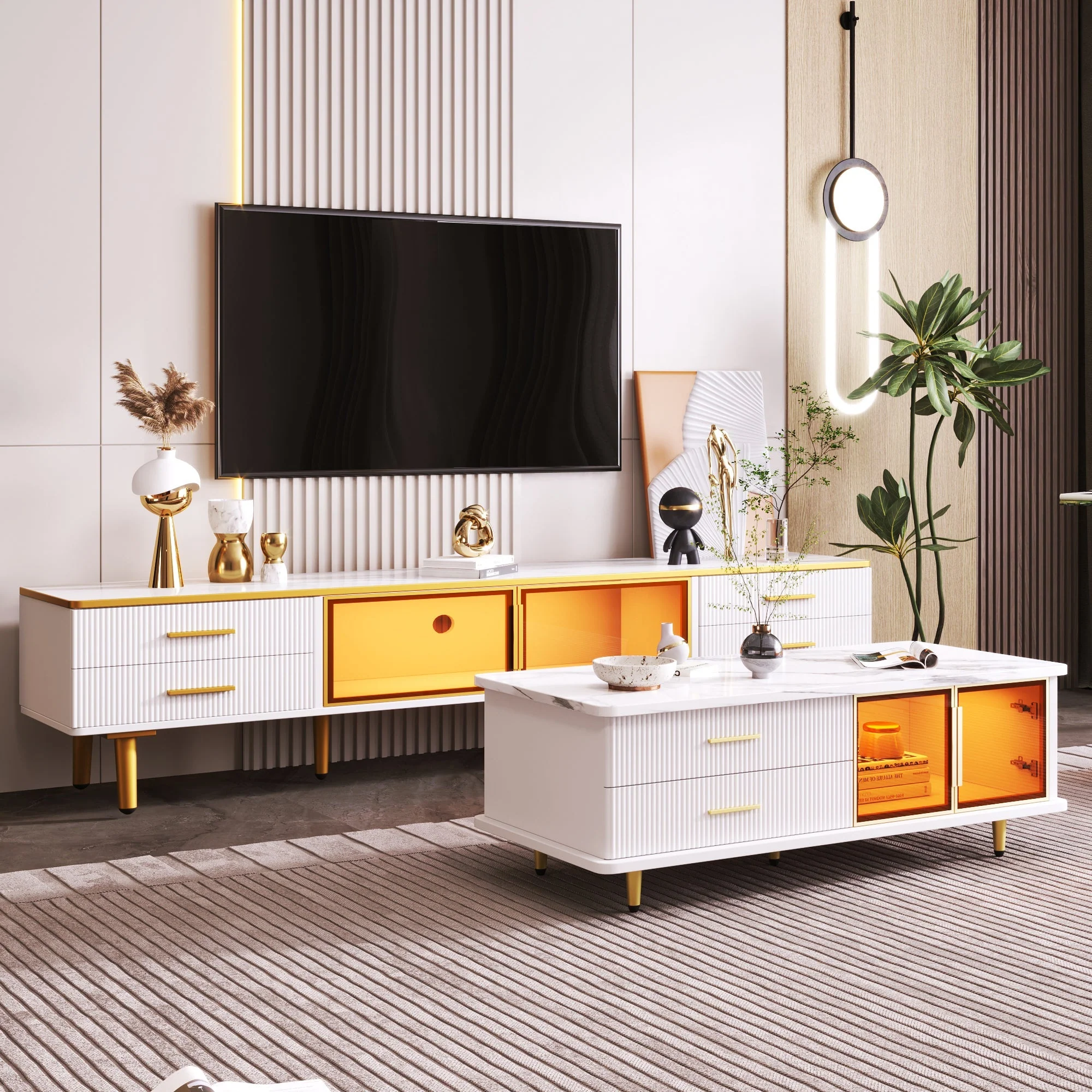 Coffee Table, TV Cabinet, Modular Living Room Furniture with Tempered Glass Door, Aluminum Alloy Frame, Wave Texture Drawers, Gold Handles and Legs, Marble Texture Tabletop - Image 6