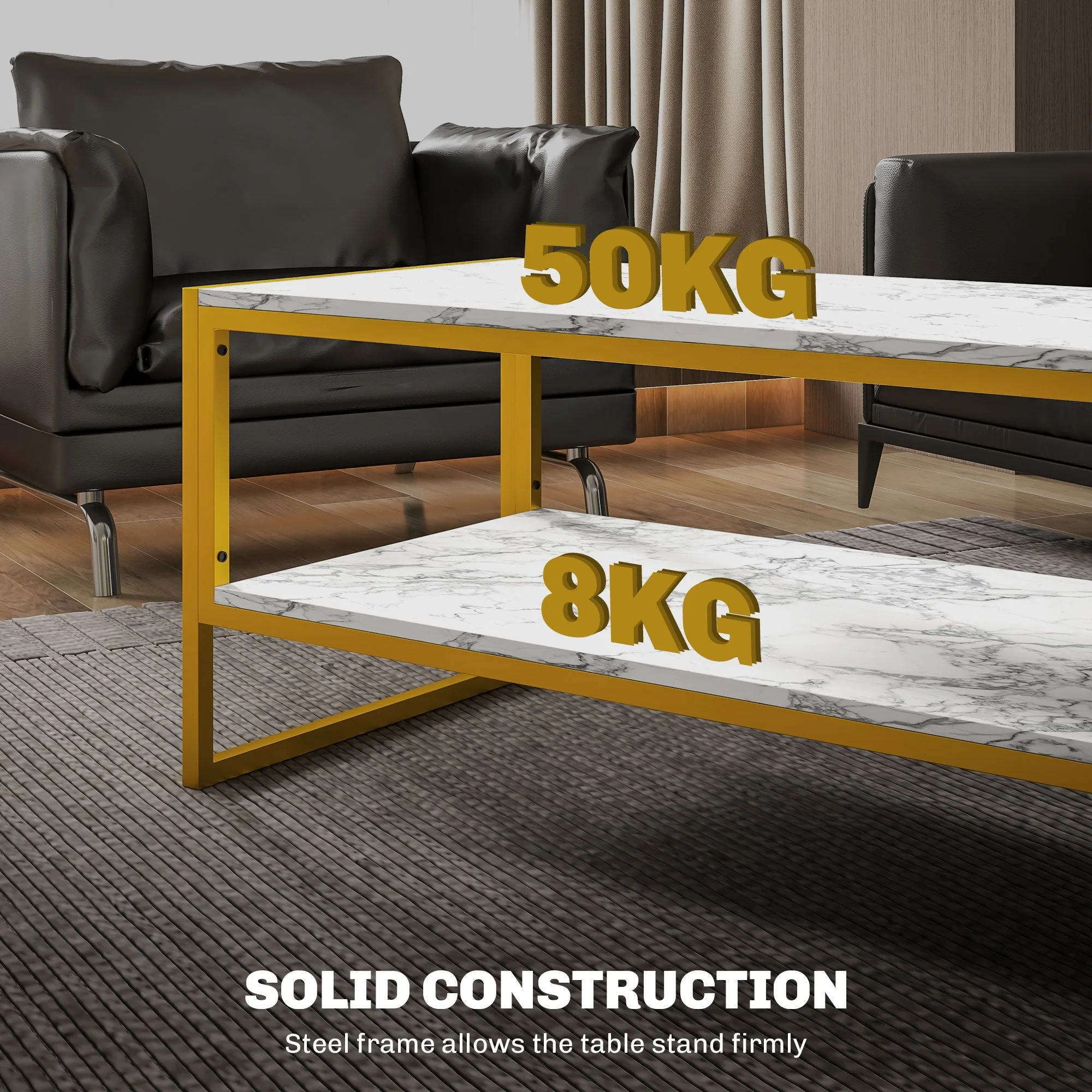 Coffee Table, Two-Tier Centre with Storage Shelf, Metal Frame, White - Image 5