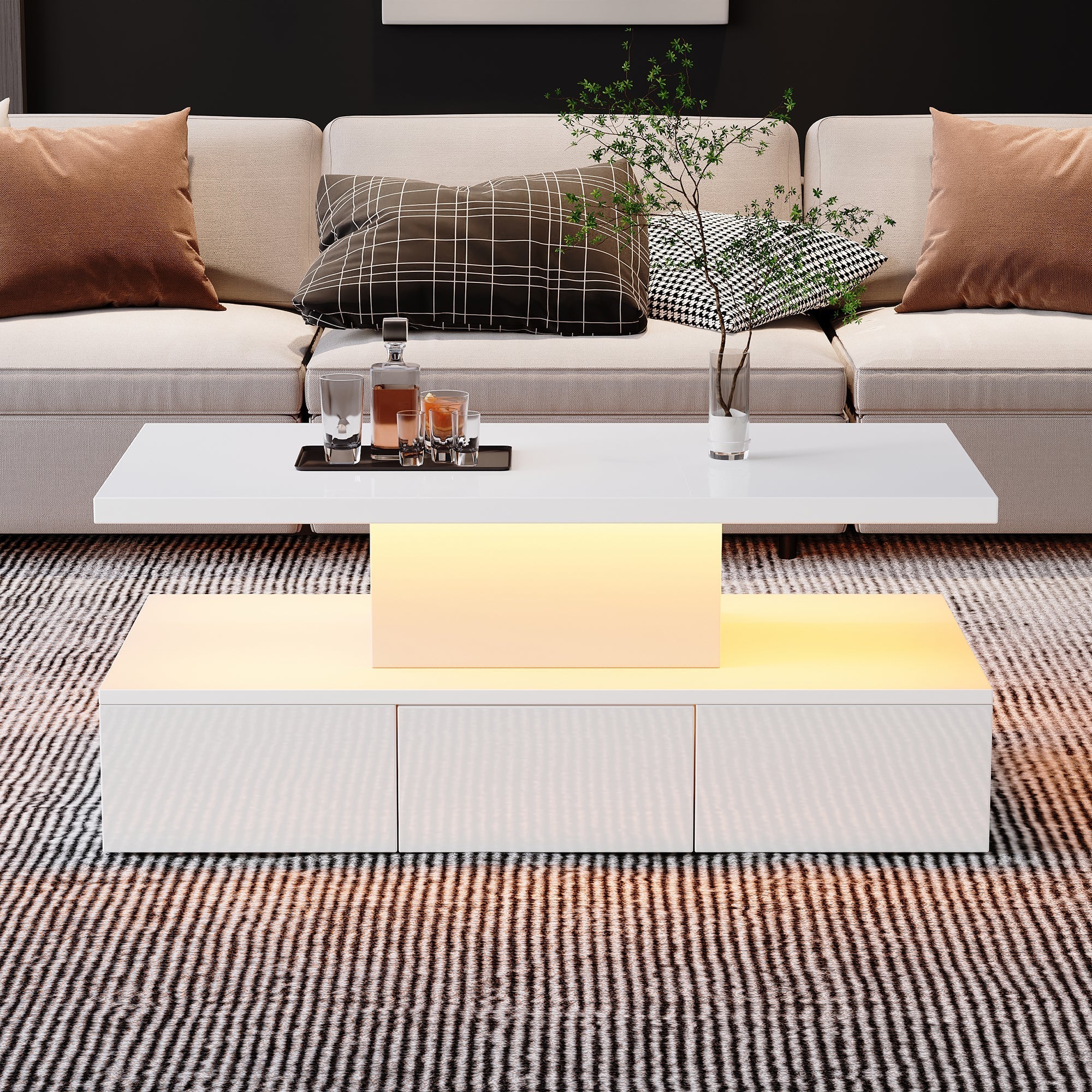 Coffee Table Two-Tier LED Light Storage Drawer High-Gloss White - Image 2