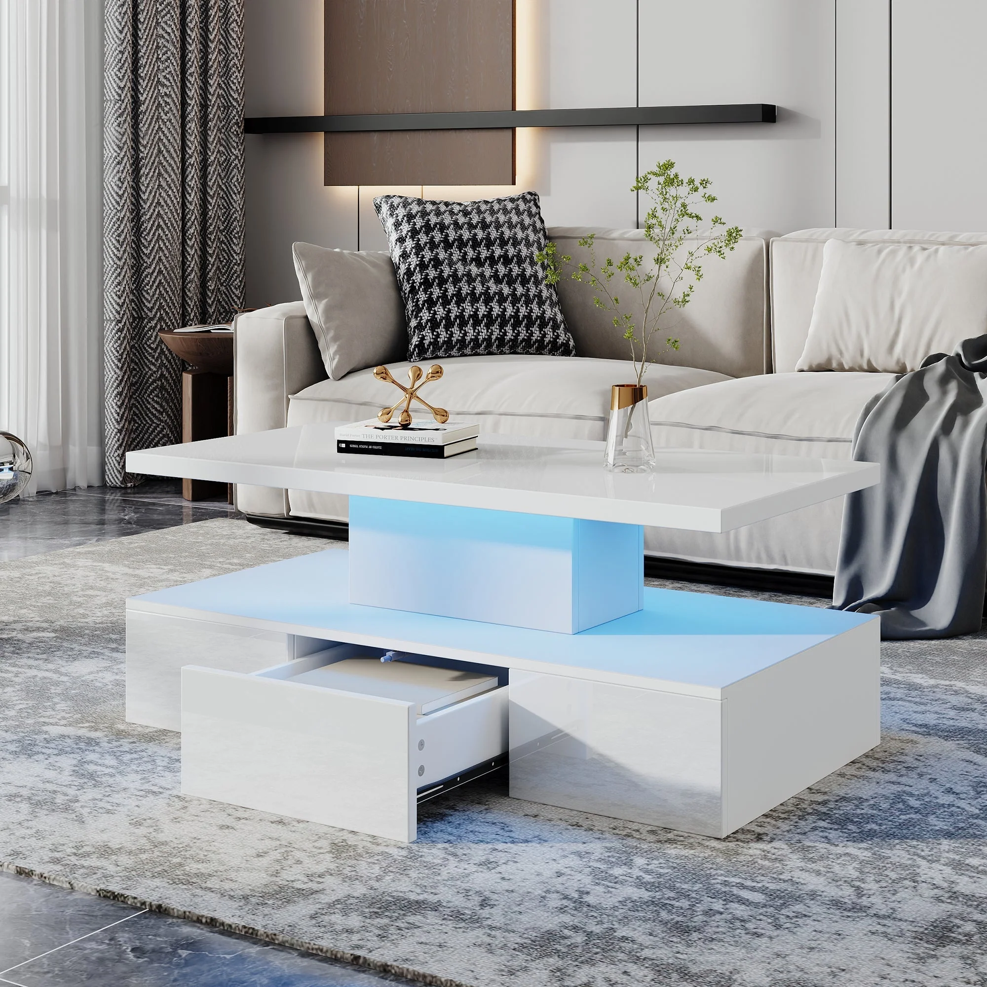 Coffee Table Two-Tier LED Light Storage Drawer High-Gloss White - Image 6