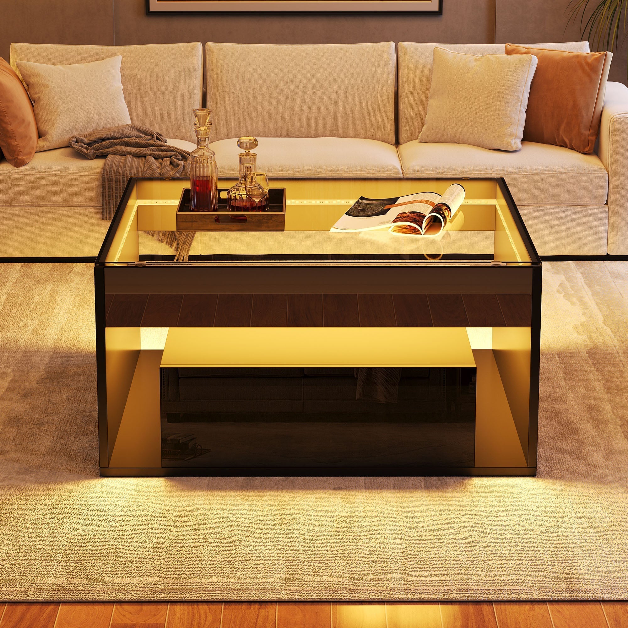 Coffee Table with 2 Drawers and LED Tempered Glass Top, High Gloss Black - Image 4
