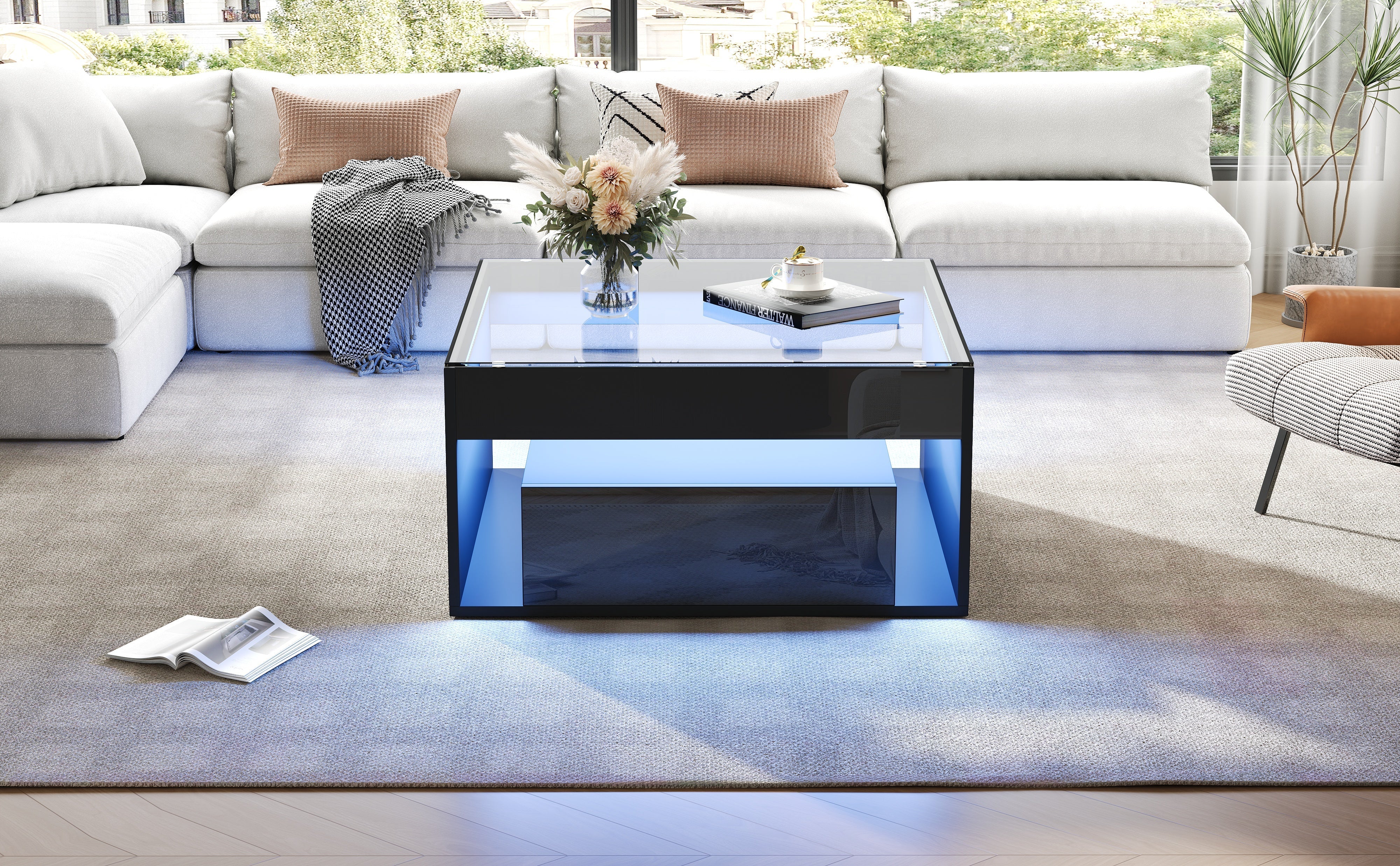 Coffee Table with 2 Drawers and LED Tempered Glass Top, High Gloss Black - Image 7