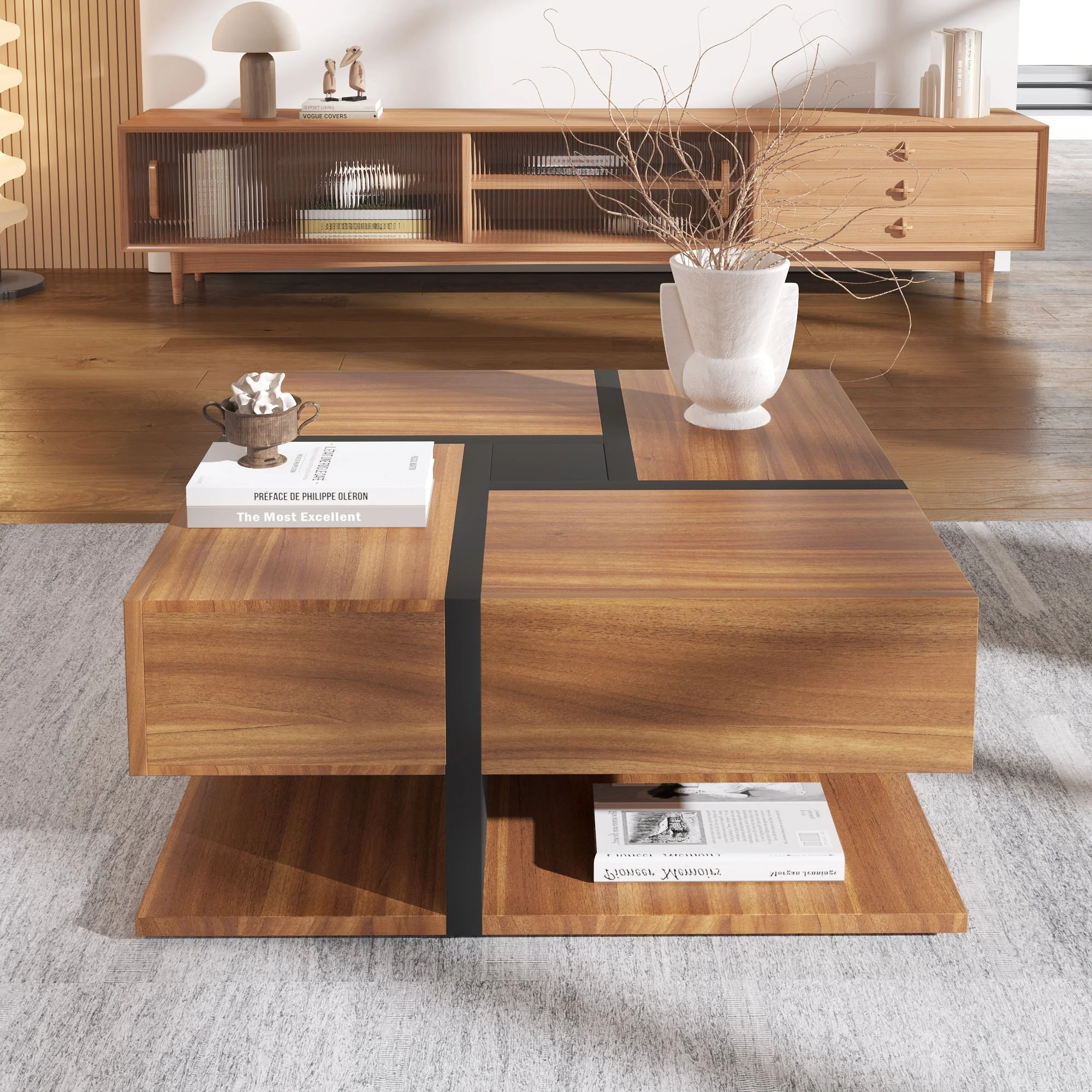 Coffee Table with 4 Drawers, Unique Color Matching, and Bottom Storage Space, 78x78x36cm - Image 5