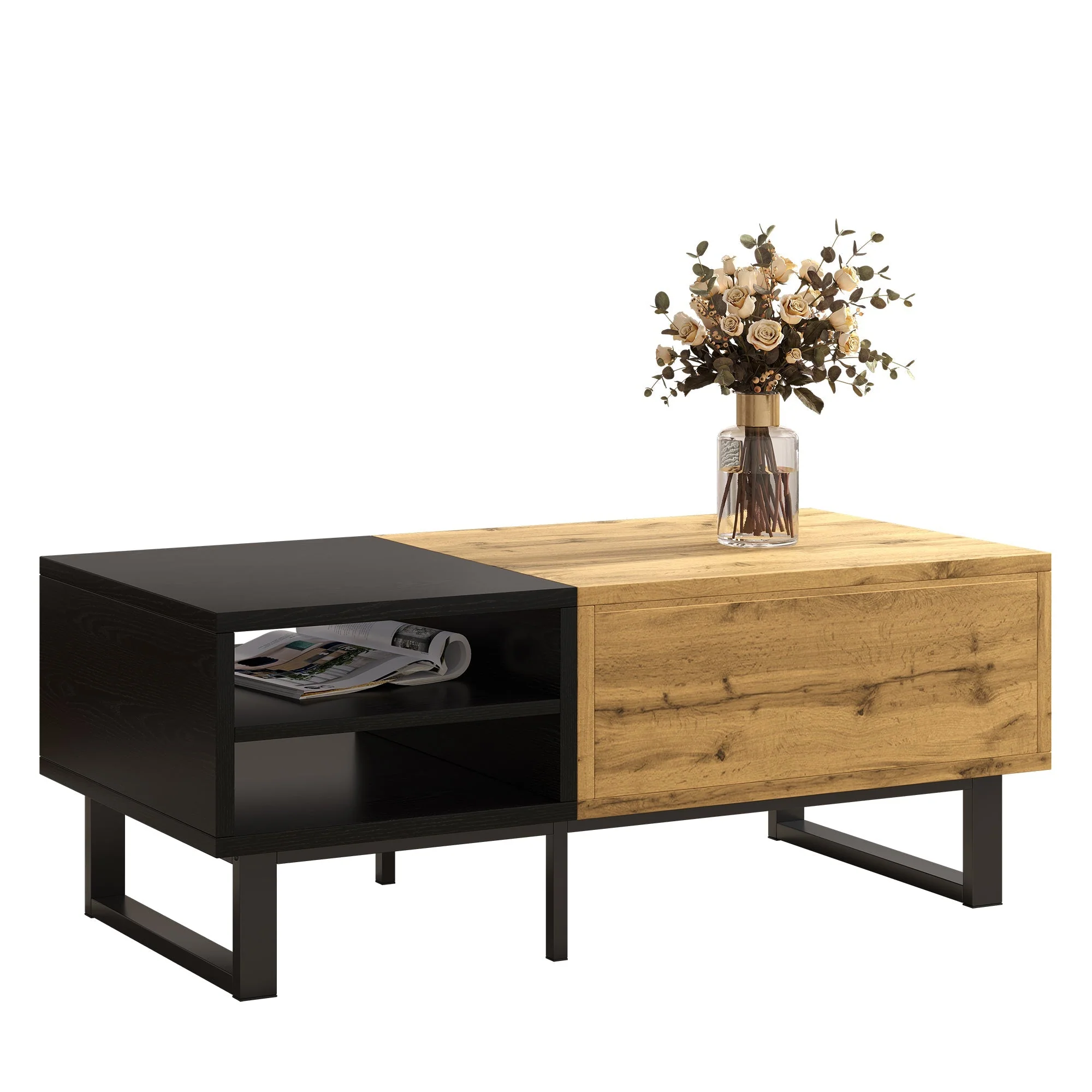 Coffee Table with Color Block, Compartments, Drawers, Metal Legs - Image 3
