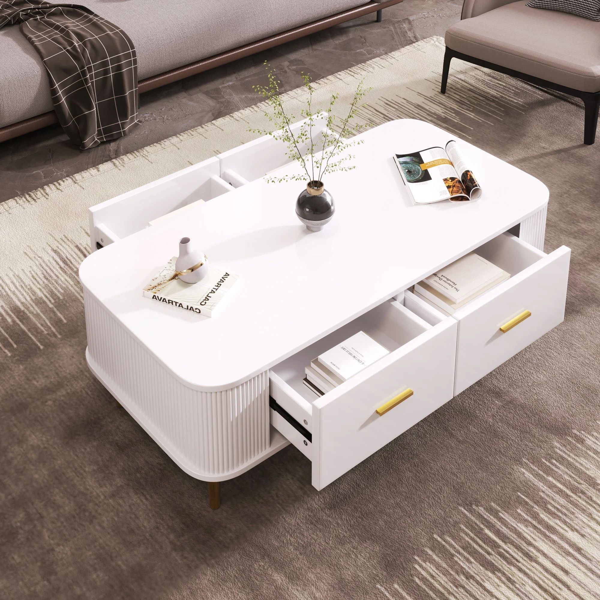 Coffee Table with Drawers, Curved Corners, Wavy Sides, Gold - Image 3