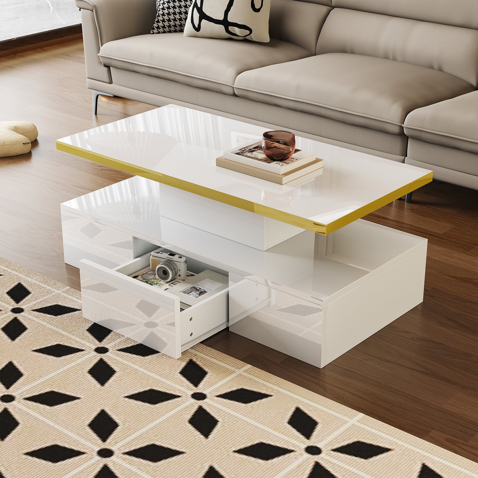 Coffee Table with Drawers, High-Gloss Lacquer Finish, Two Shelves, LED Light - Image 3