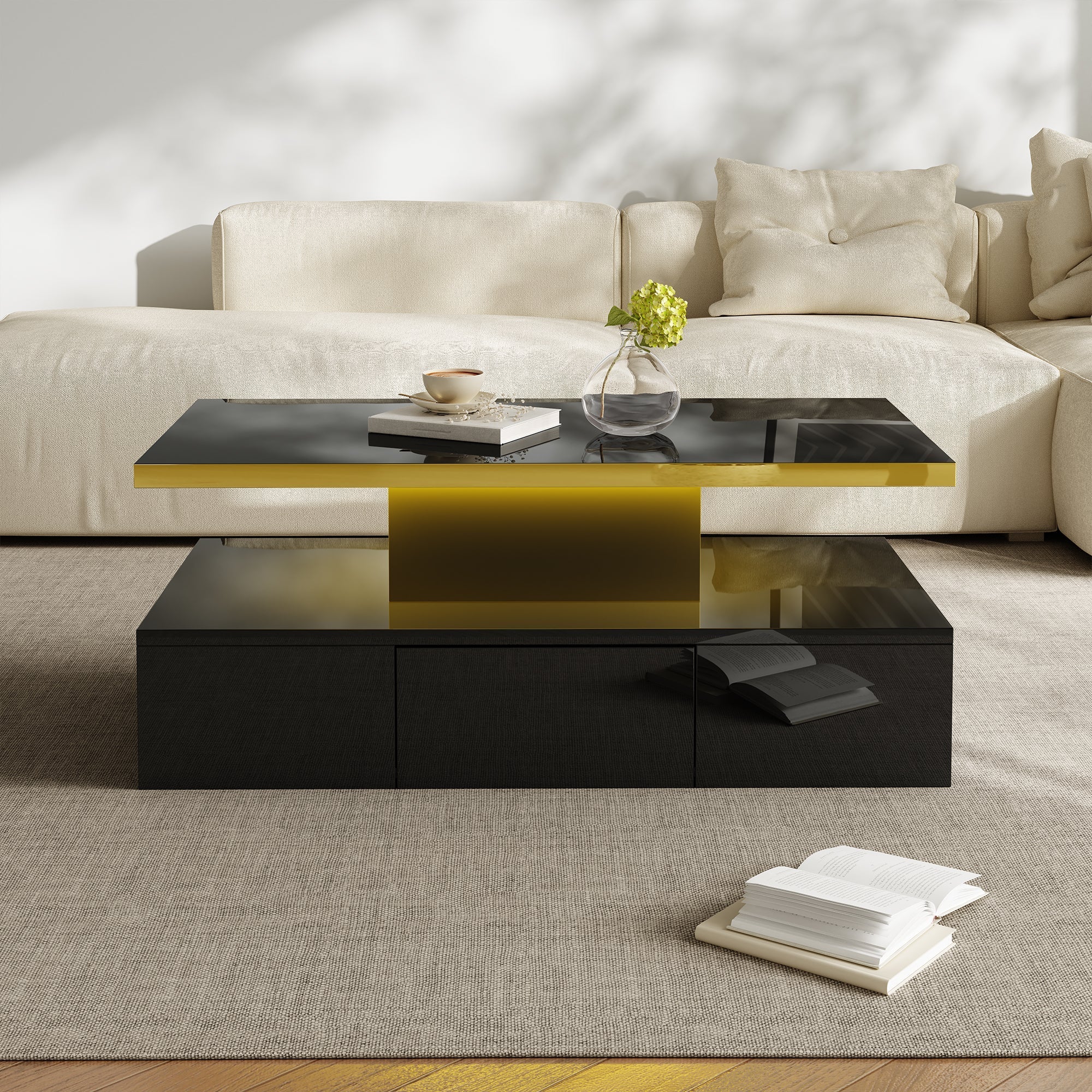 Coffee Table with Drawers, Shelves, High-Gloss Finish, LED Light - Image 3