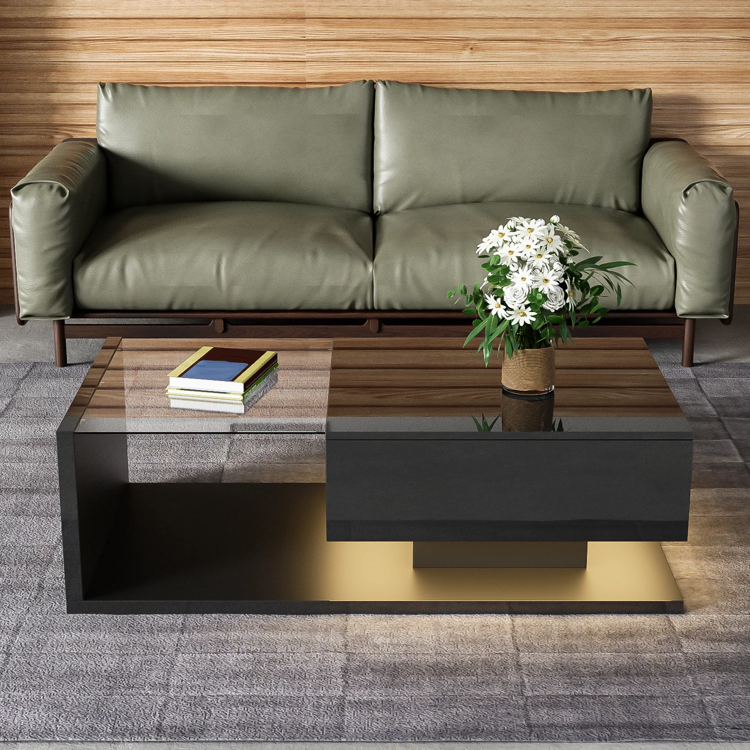 Coffee Table with Glass and LED Effect, High-Gloss Black - Image 4