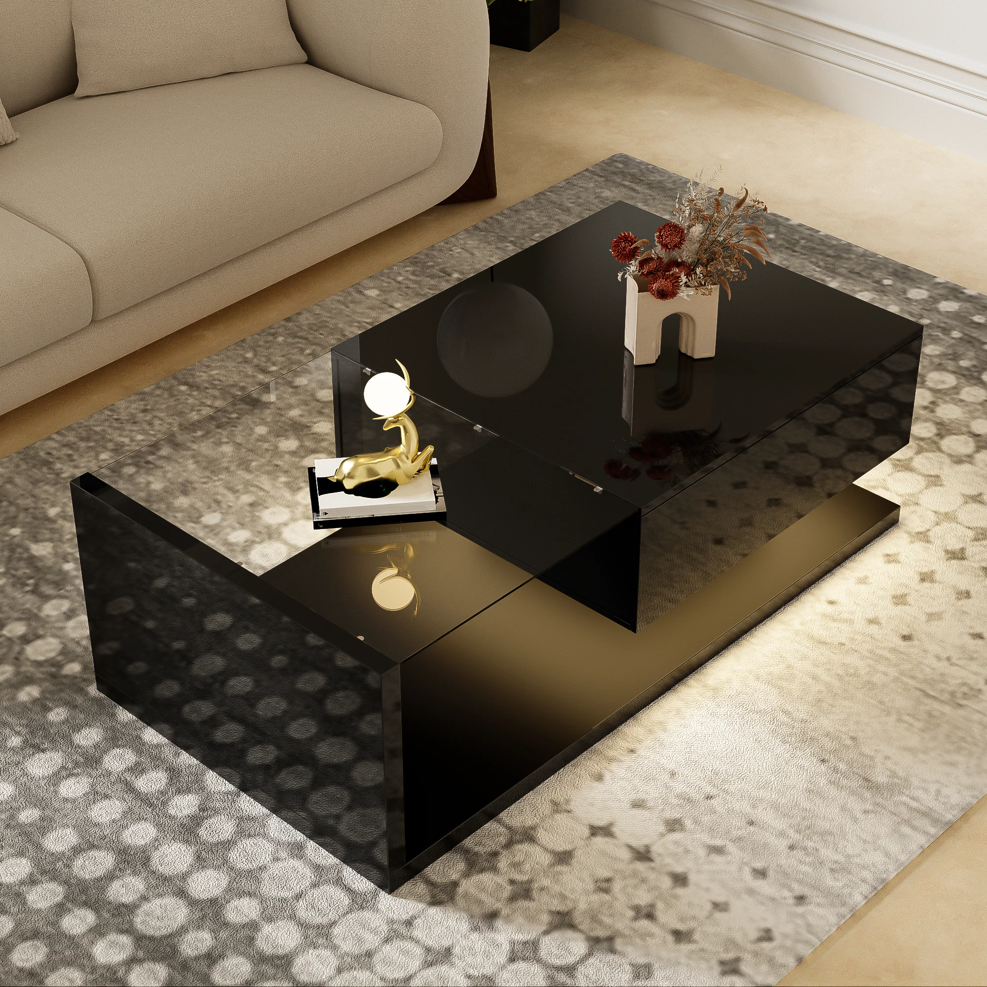 Coffee Table with Glass and LED Effect, High-Gloss Black - Image 7