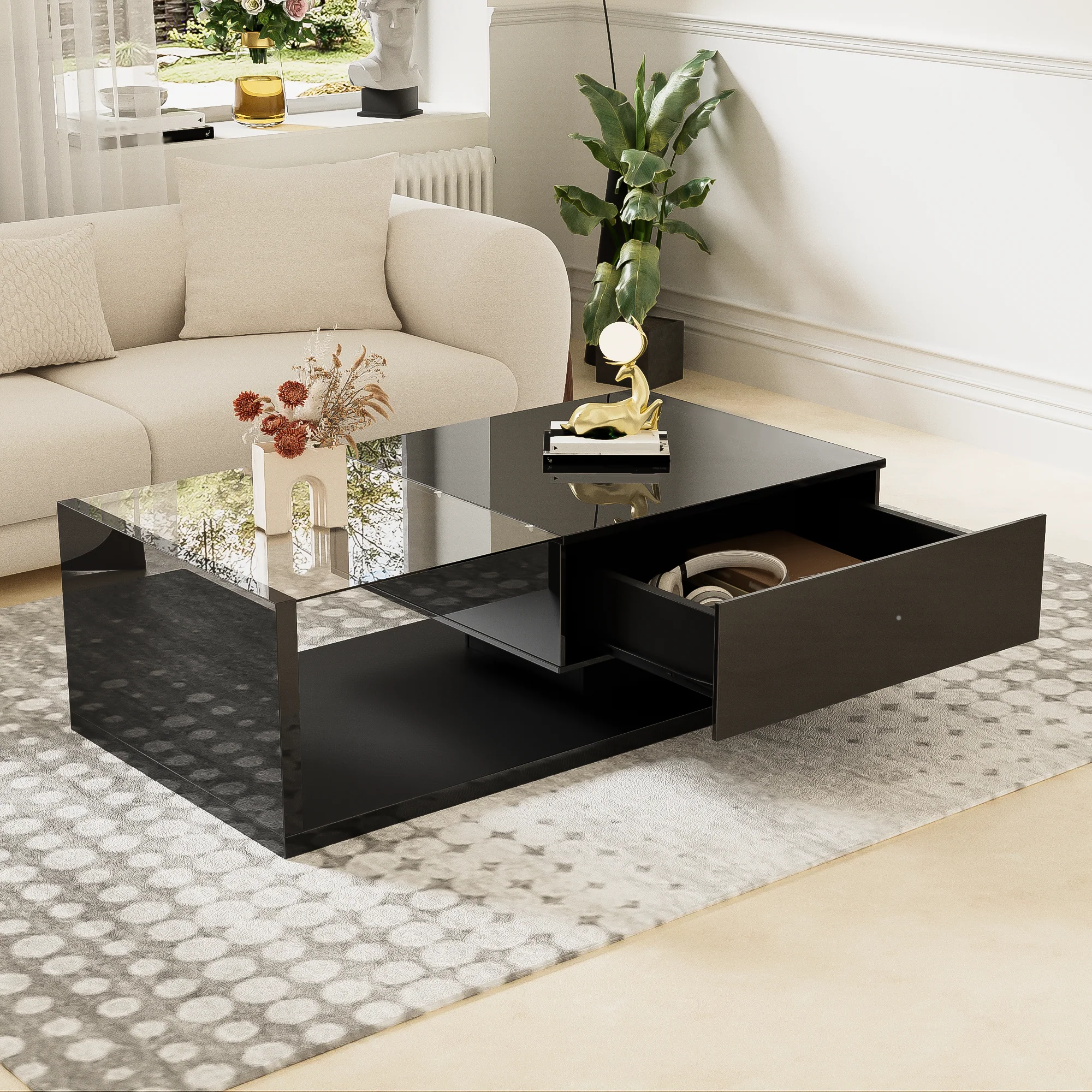 Coffee Table with Glass and LED Effect, High-Gloss Black - Image 9