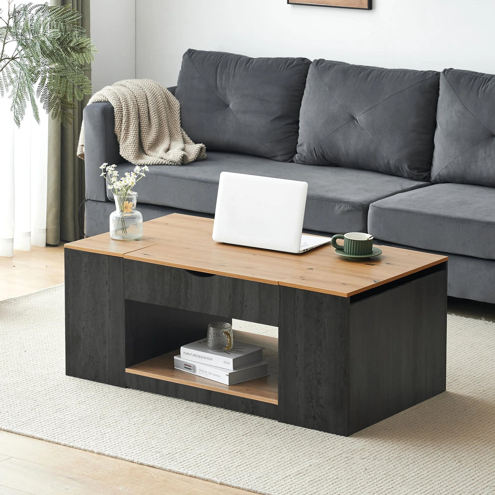 Coffee Table with Lift Function & Storage 109.5cm - Grey Frame - Image 3