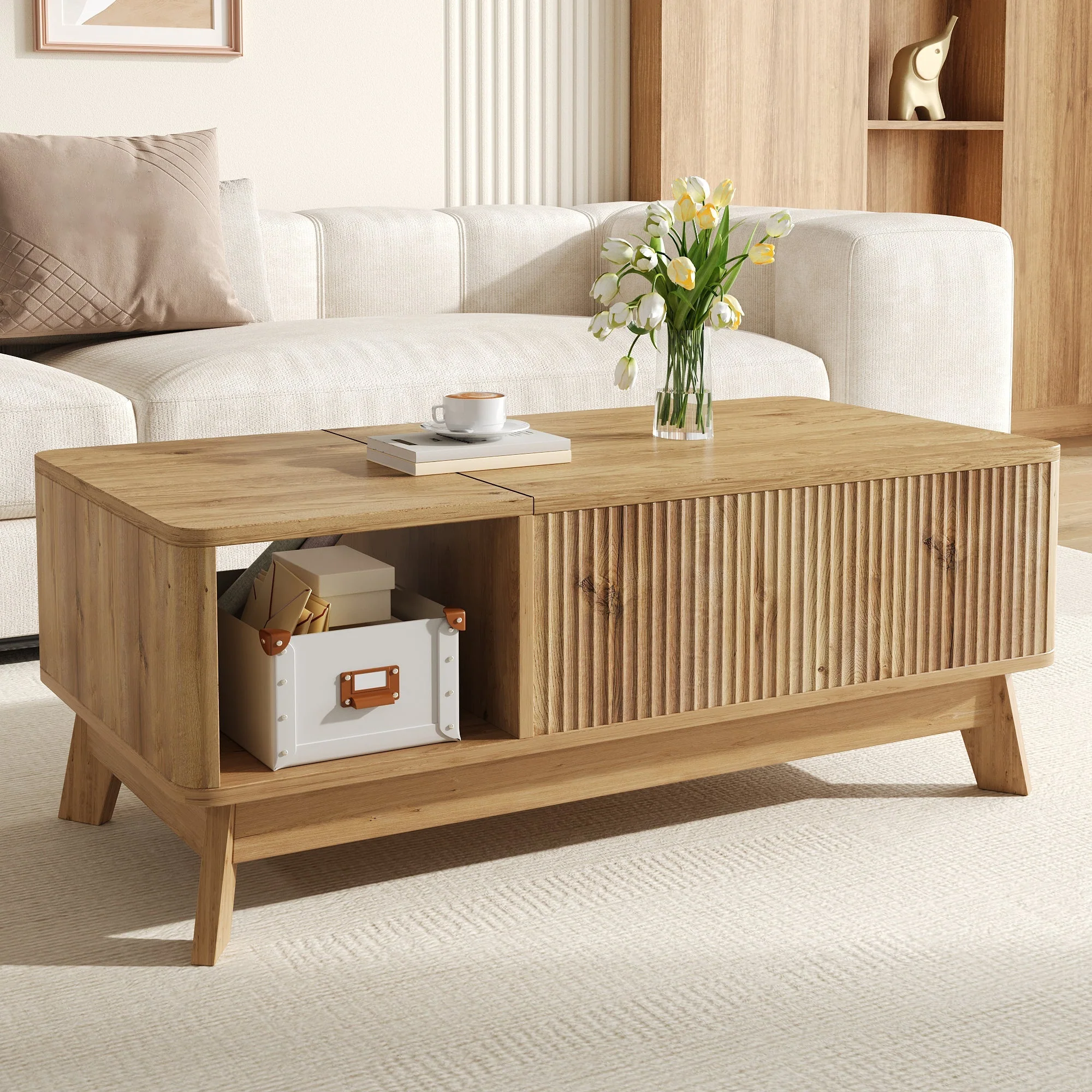 Coffee Table with Lifting Mechanism, Wave Design and Open Side Compartment, MDF Material - Image 3