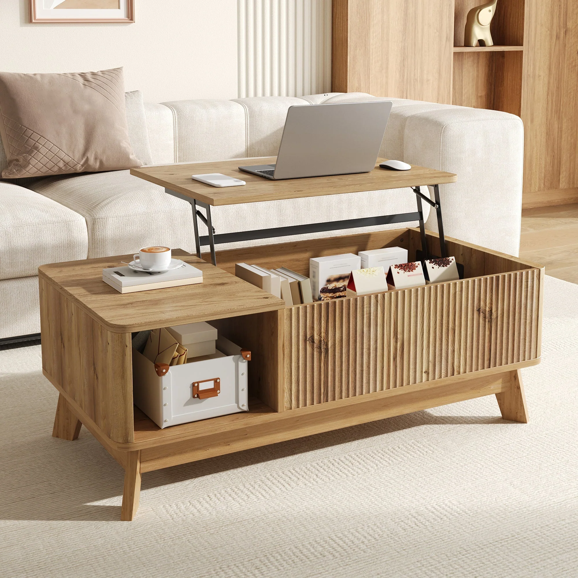 Coffee Table with Lifting Mechanism, Wave Design and Open Side Compartment, MDF Material - Image 4
