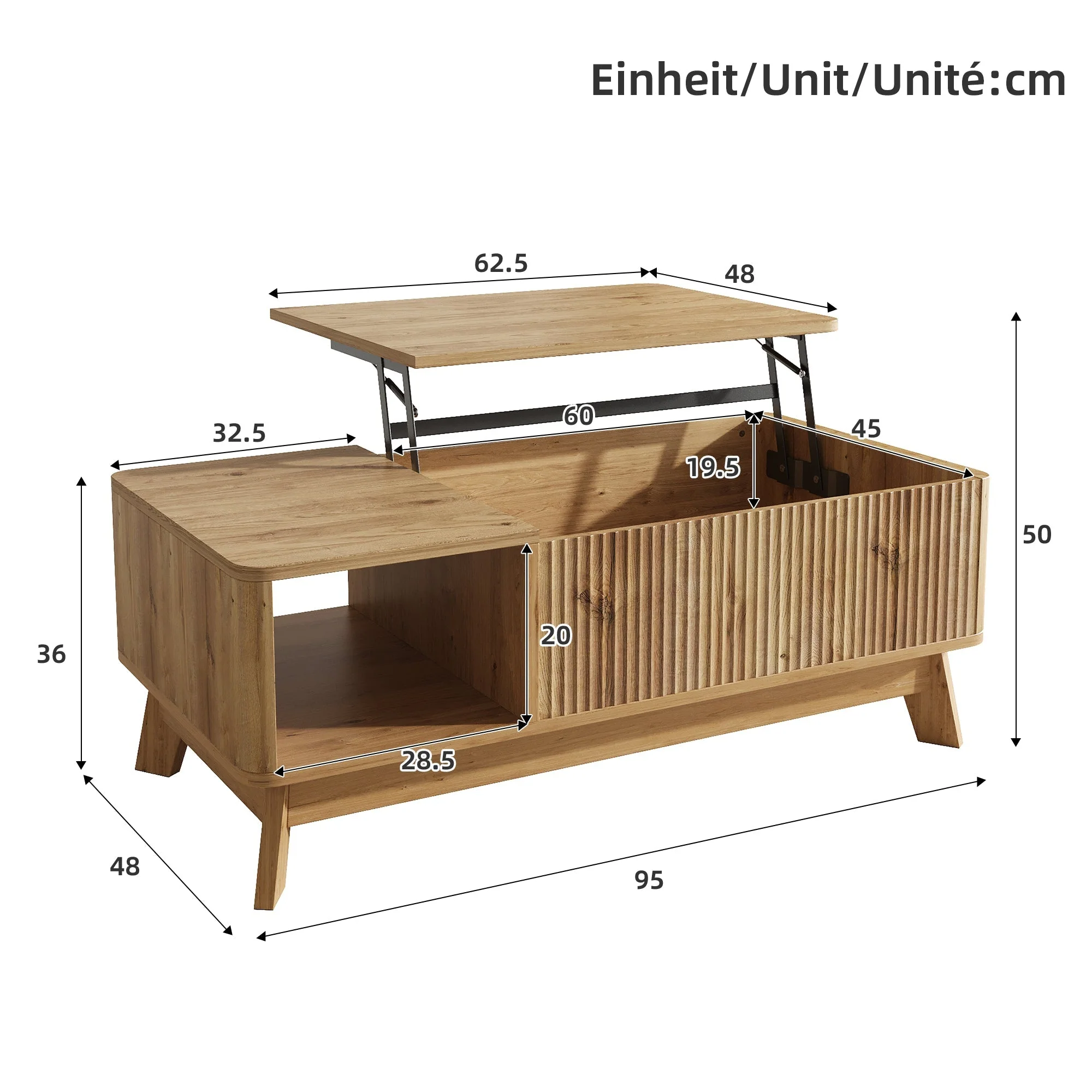 Coffee Table with Lifting Mechanism, Wave Design and Open Side Compartment, MDF Material - Image 5