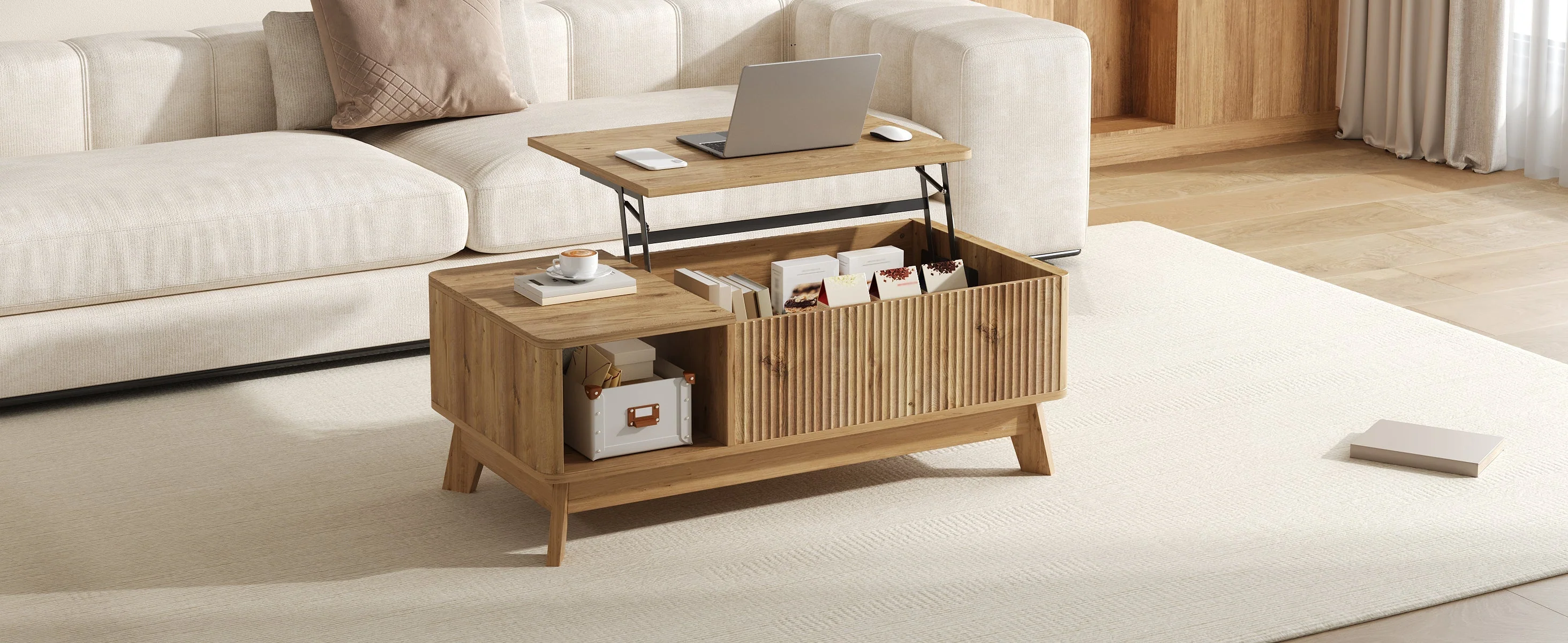 Coffee Table with Lifting Mechanism, Wave Design and Open Side Compartment, MDF Material - Image 7