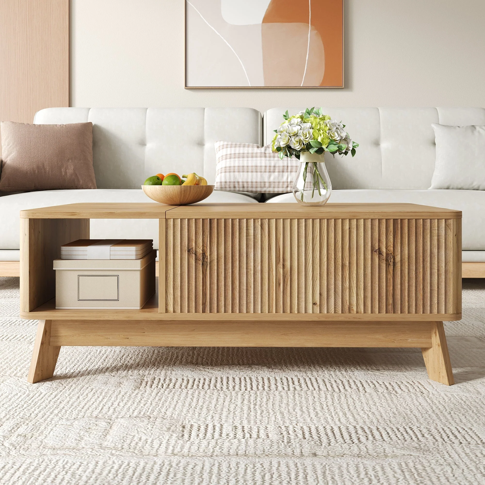 Coffee Table with Lifting Mechanism, Wave Design and Open Side Compartment, MDF Material - Image 9