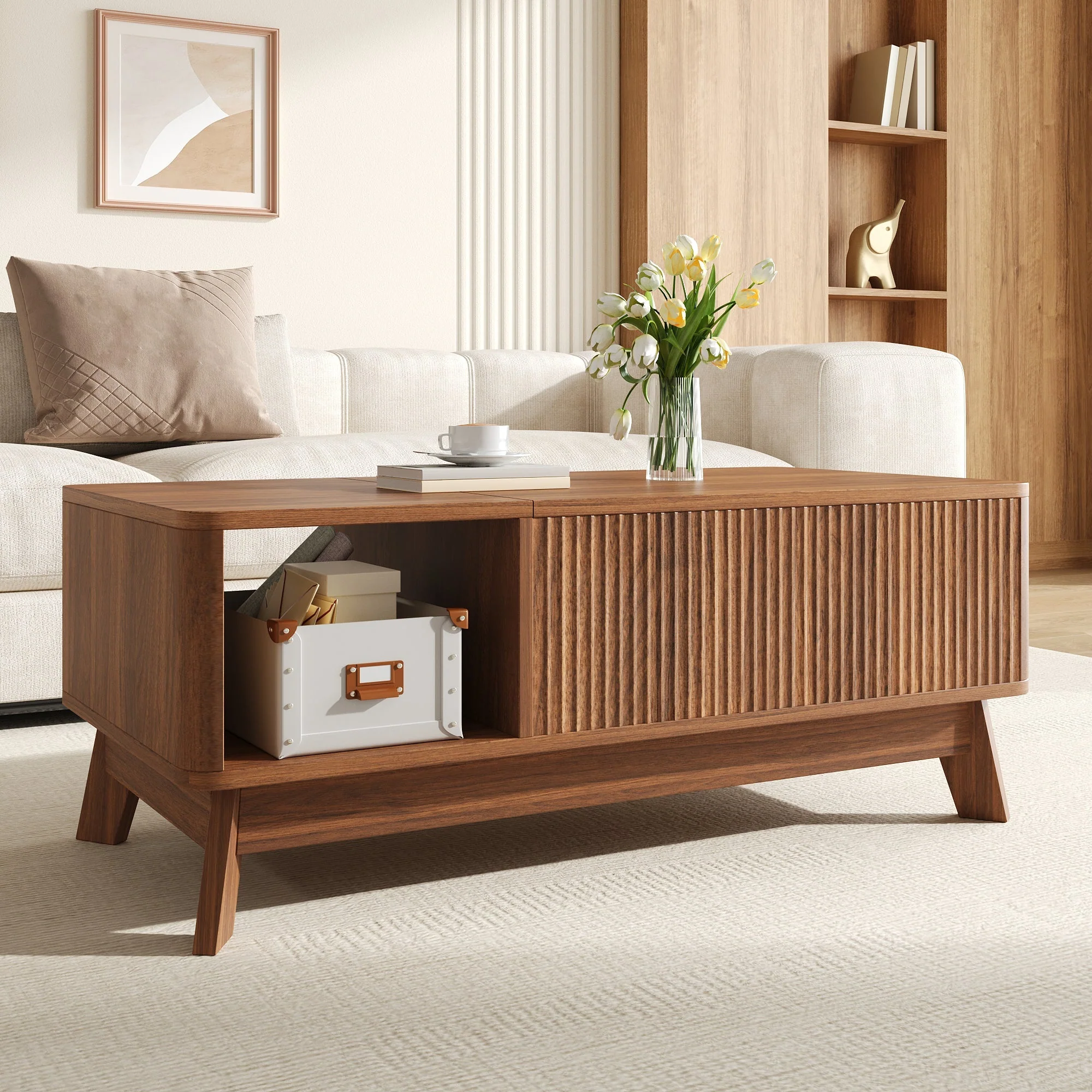 Coffee Table with Lifting Mechanism, Wave Design and Side Compartment, MDF Material - Image 3
