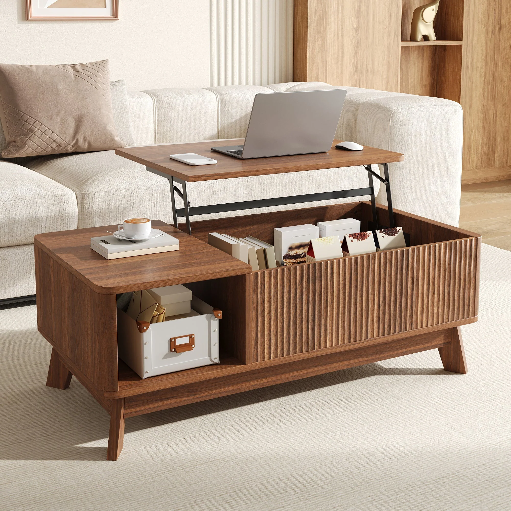 Coffee Table with Lifting Mechanism, Wave Design and Side Compartment, MDF Material - Image 4