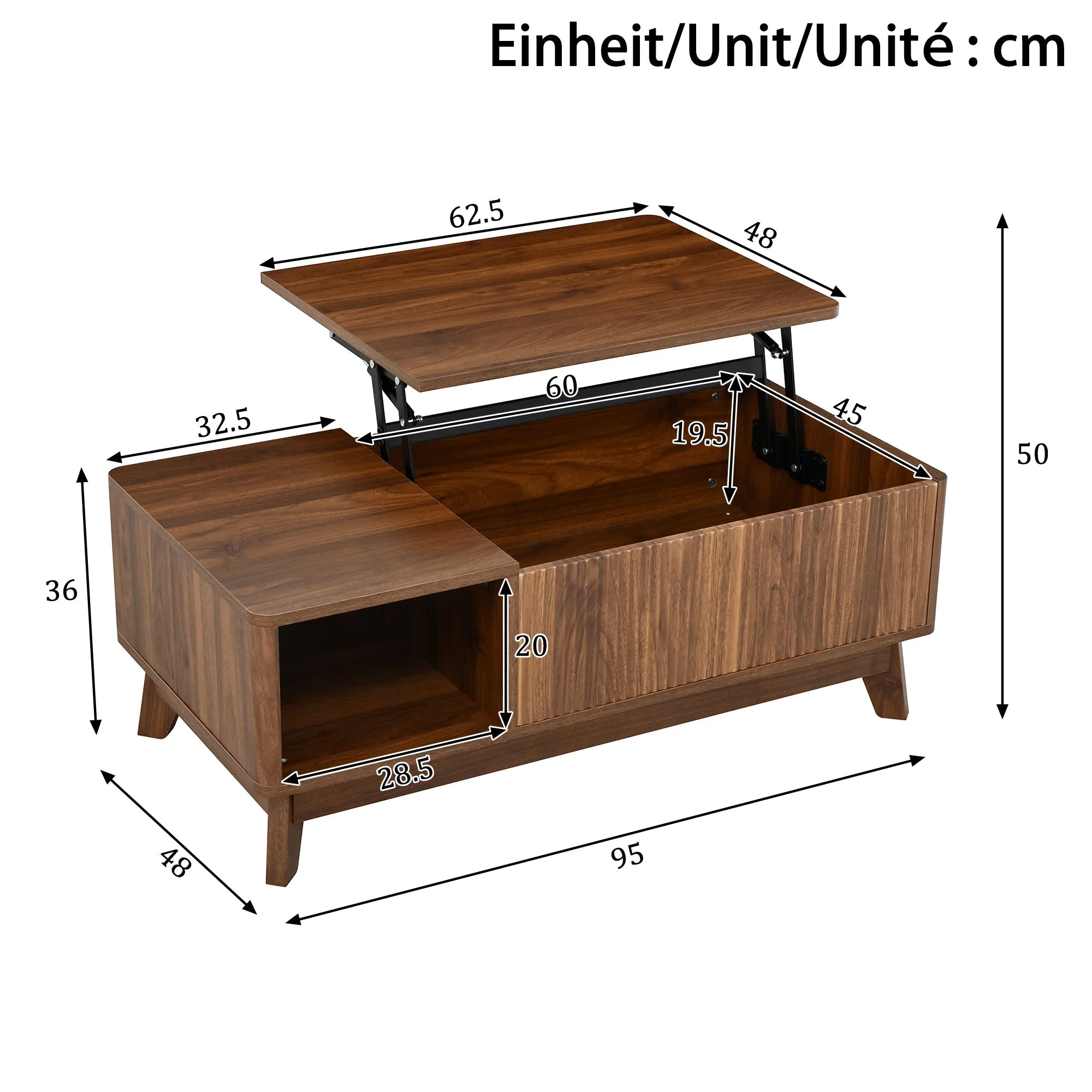 Coffee Table with Lifting Mechanism, Wave Design and Side Compartment, MDF Material - Image 5